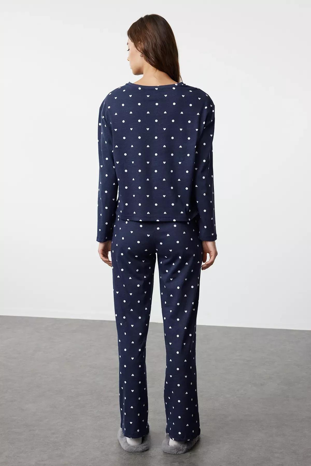 Navy Polka Dot Heart Patterned Knitted Pyjamas Set, Navy blue, large image number 4
