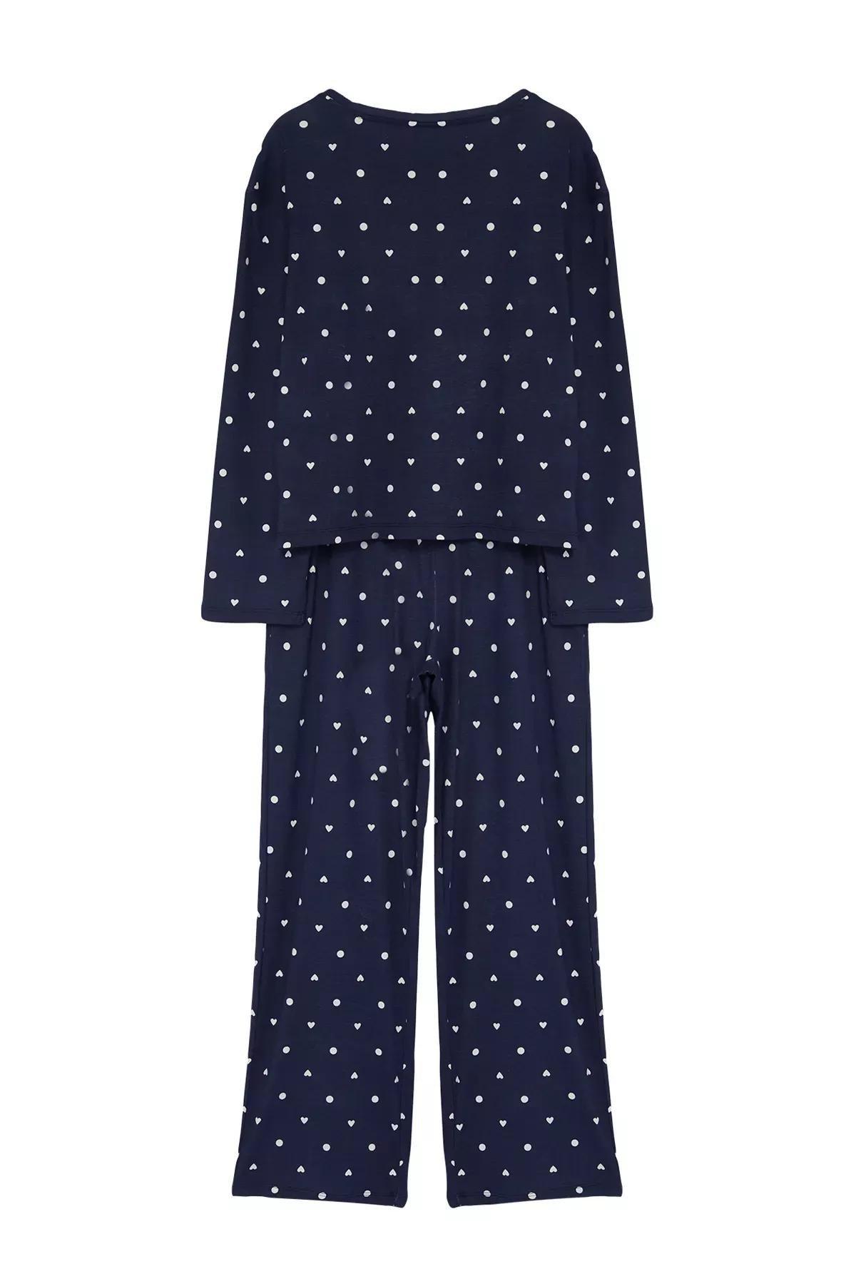 Navy Polka Dot Heart Patterned Knitted Pyjamas Set, Navy blue, large image number 5