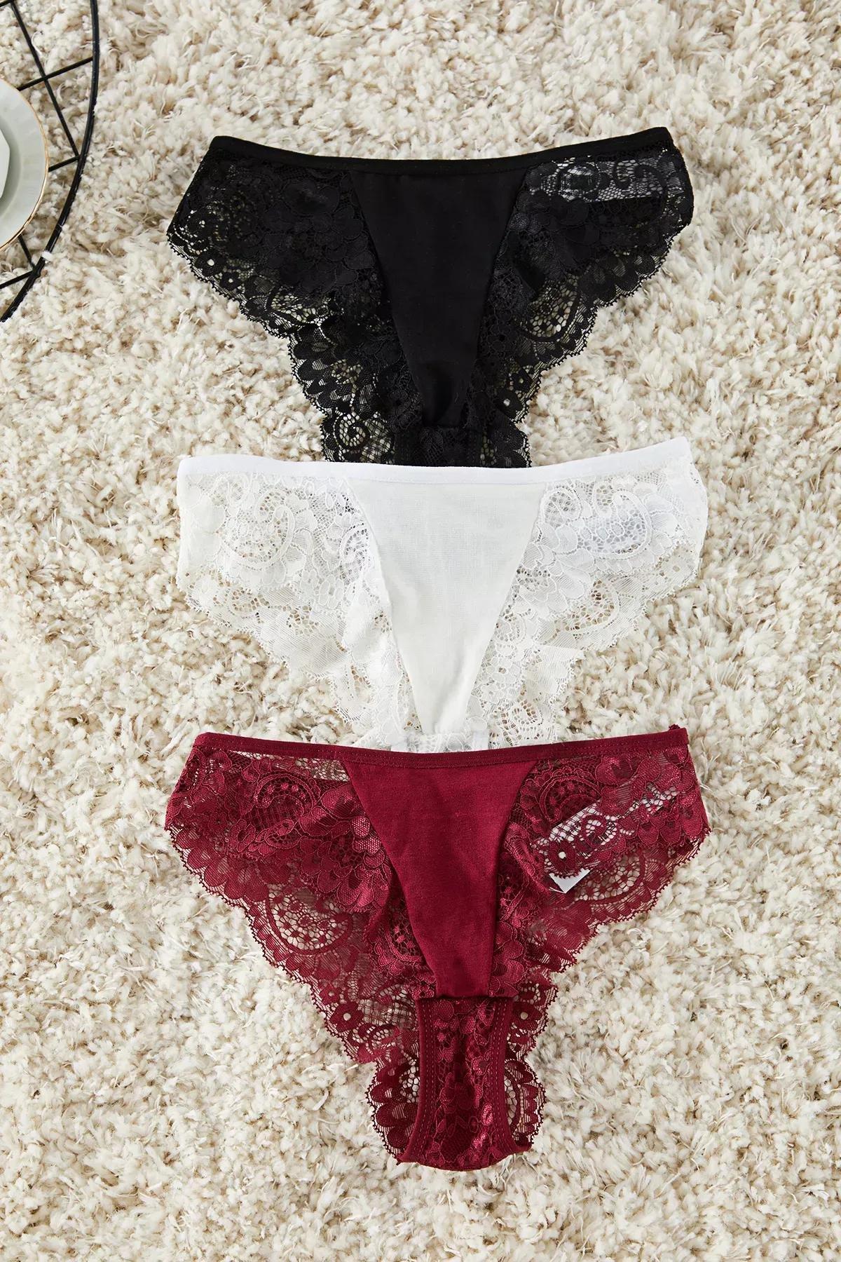Black-Burgundy Lace Panties Set of 3, , large image number 6