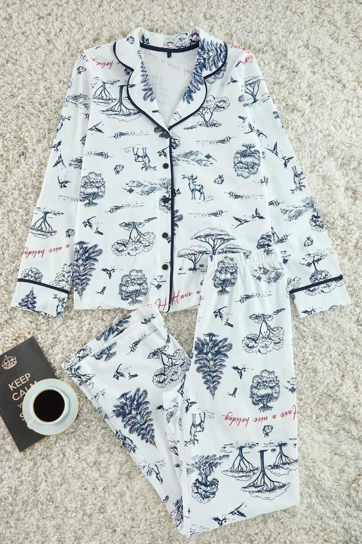 Beige Winter Themed Pajama Set, Ecru, large image number 0