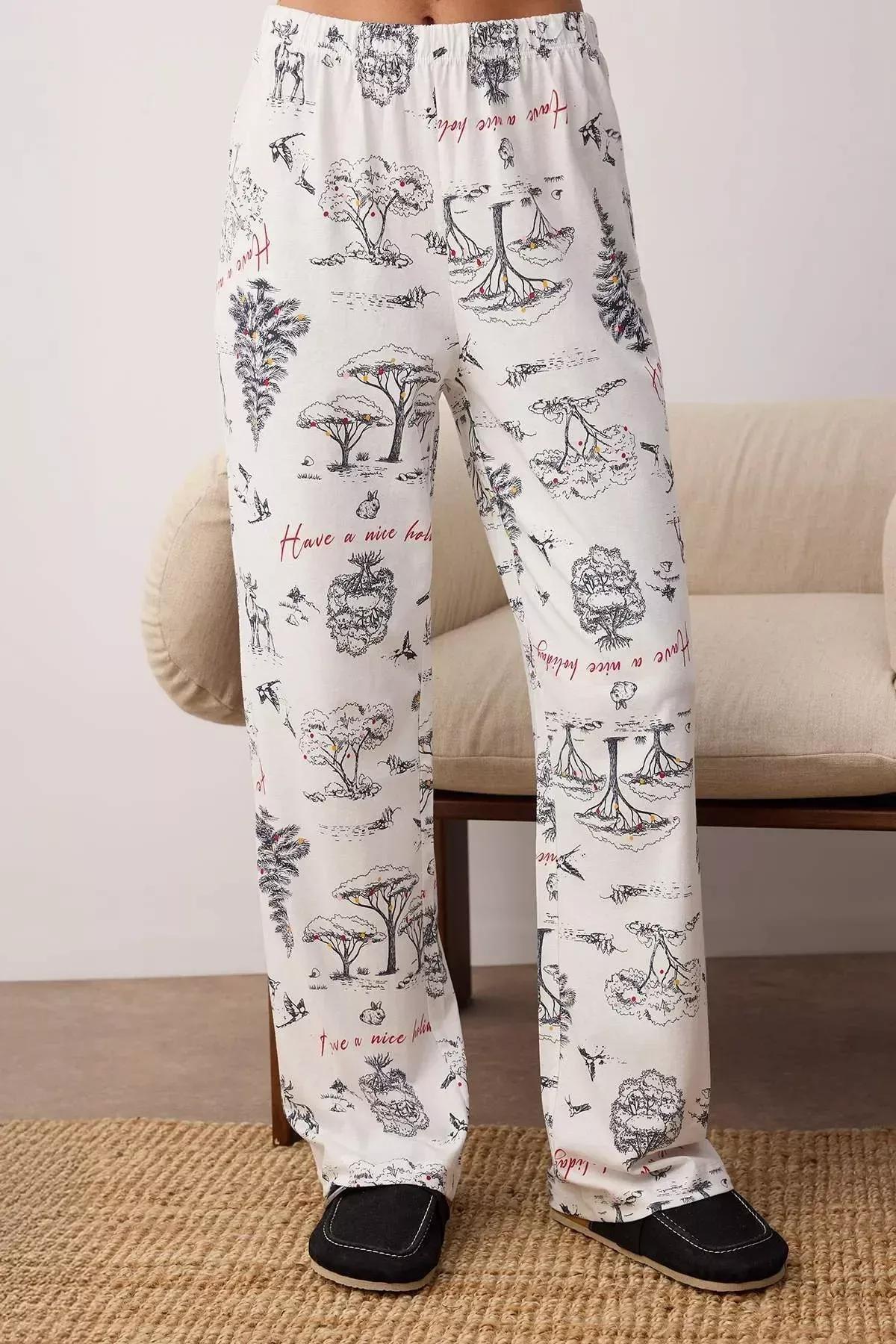 Beige Winter Themed Pajama Set, Ecru, large image number 2