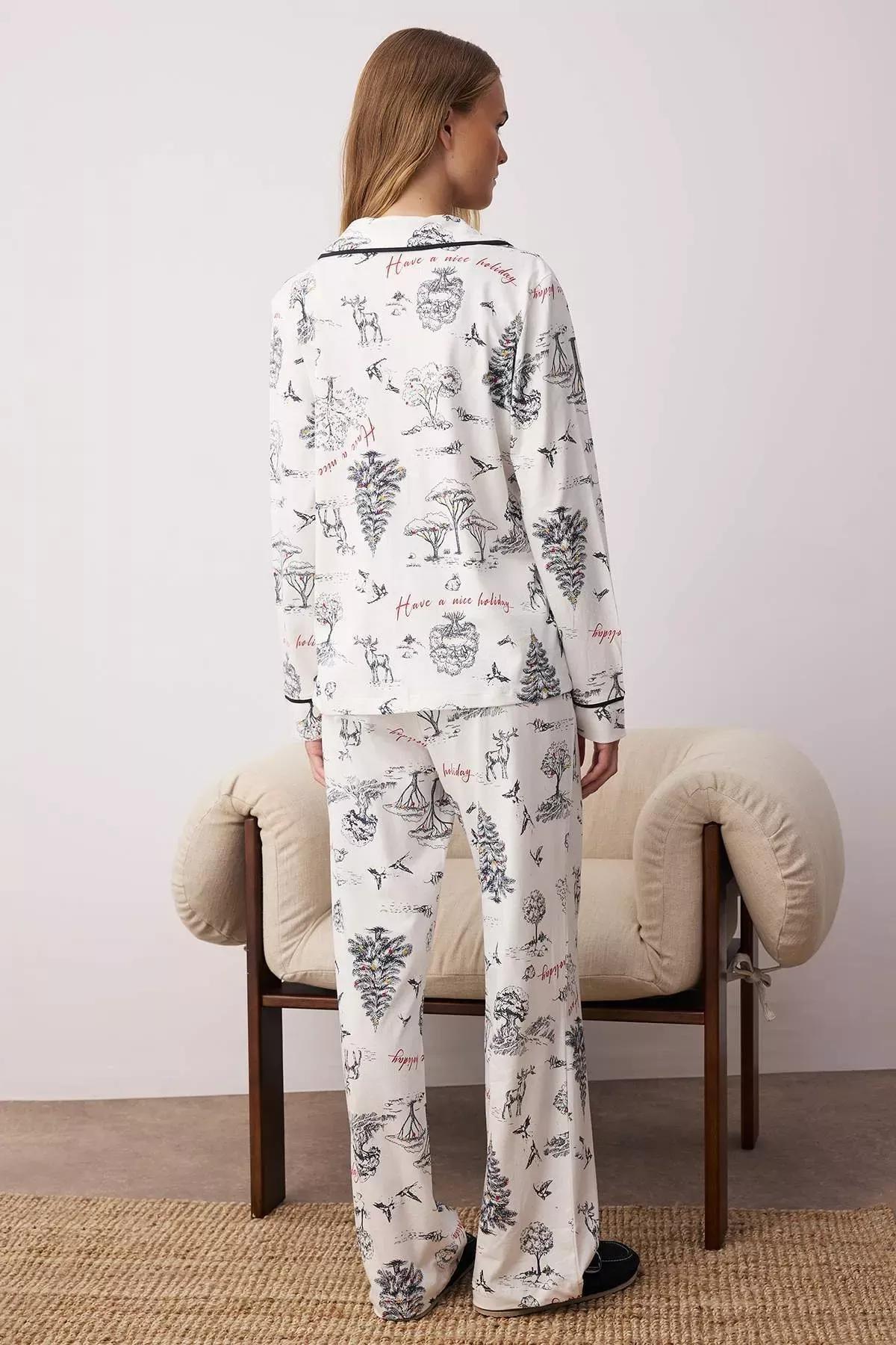 Beige Winter Themed Pajama Set, Ecru, large image number 3