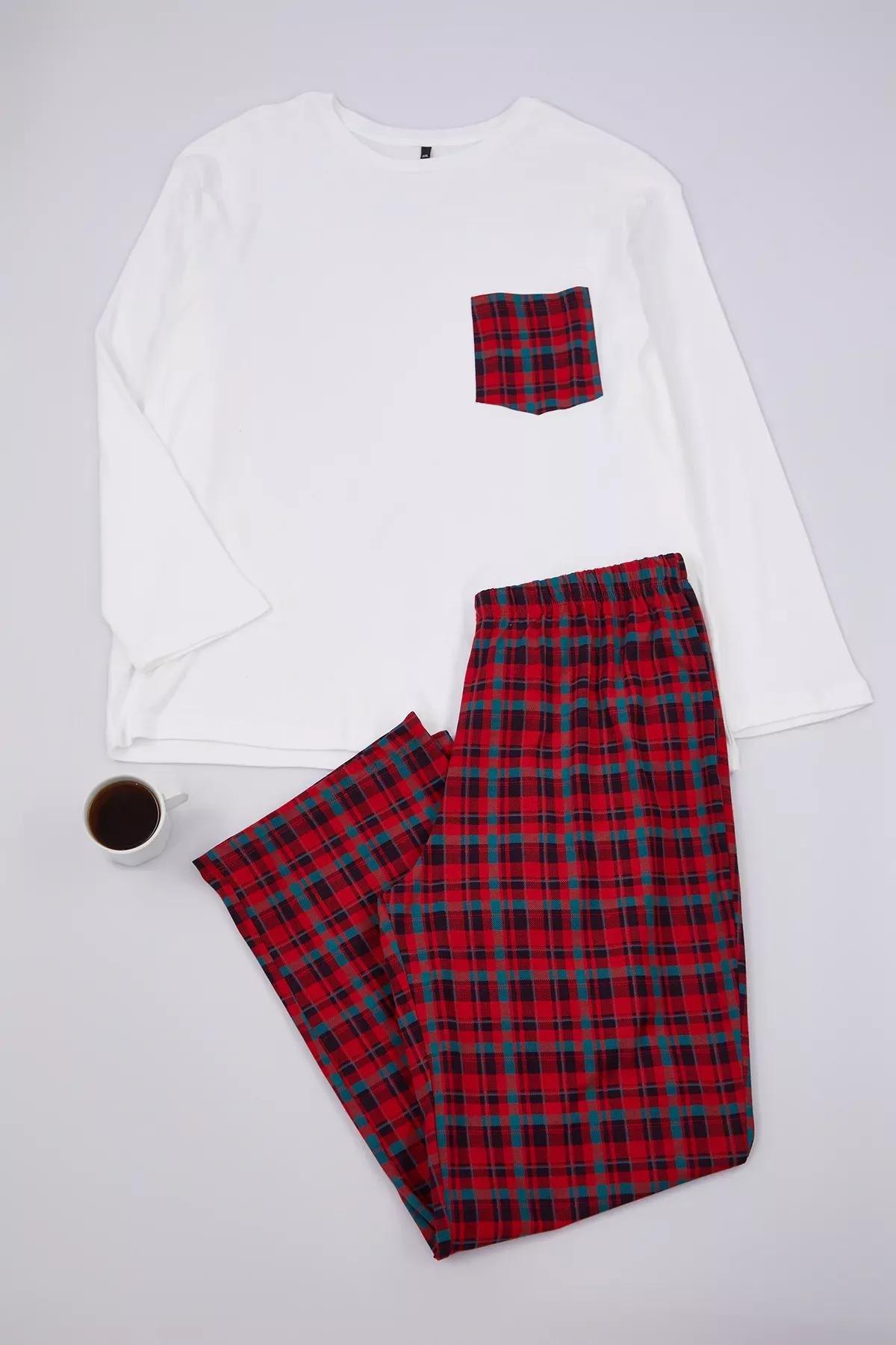 White Plaid Knit Pajama Set, C101_5696, large image number 0