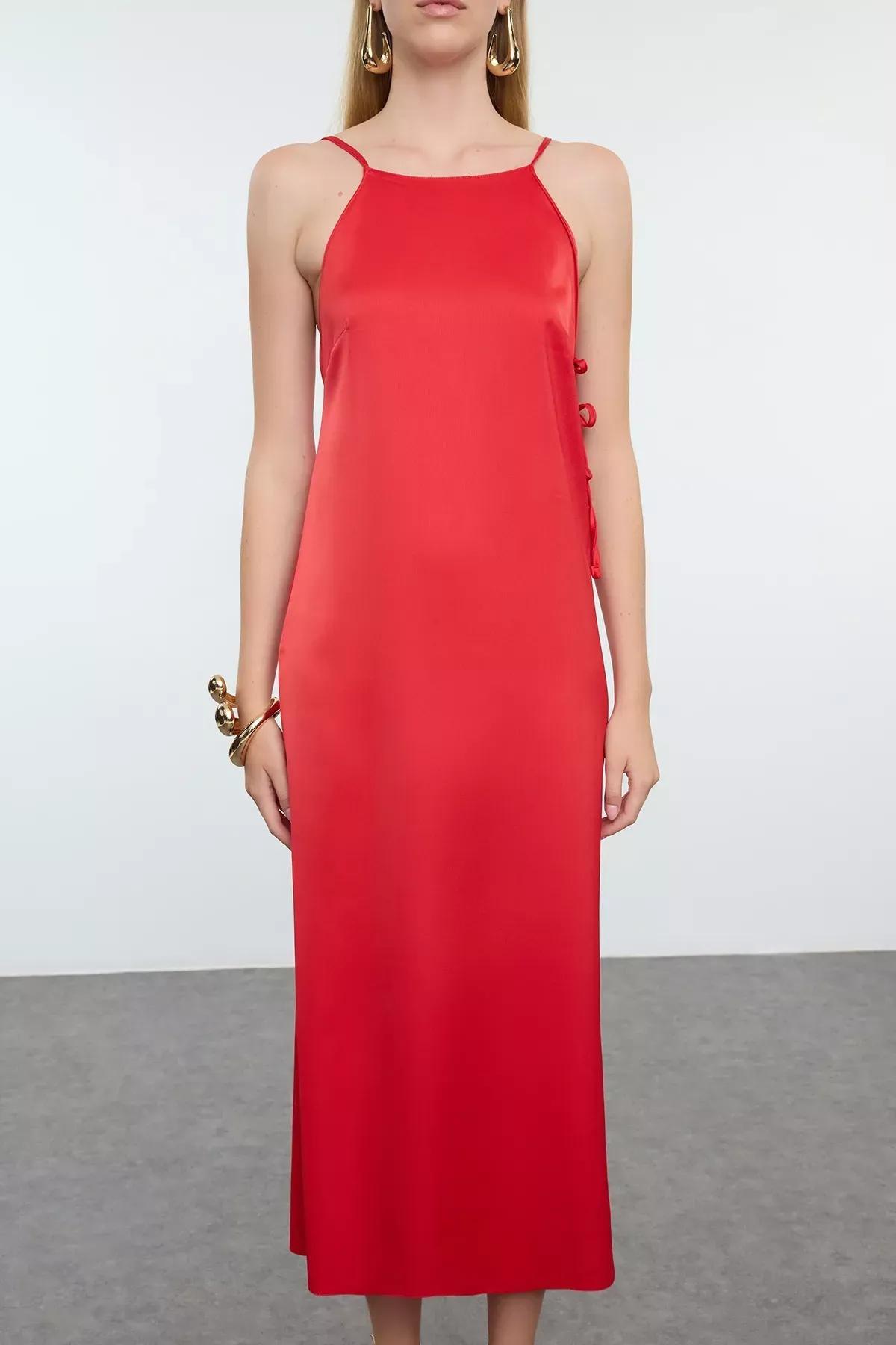 Red Bow Satin Elegant Occasionwear Dress, Red, large image number 2