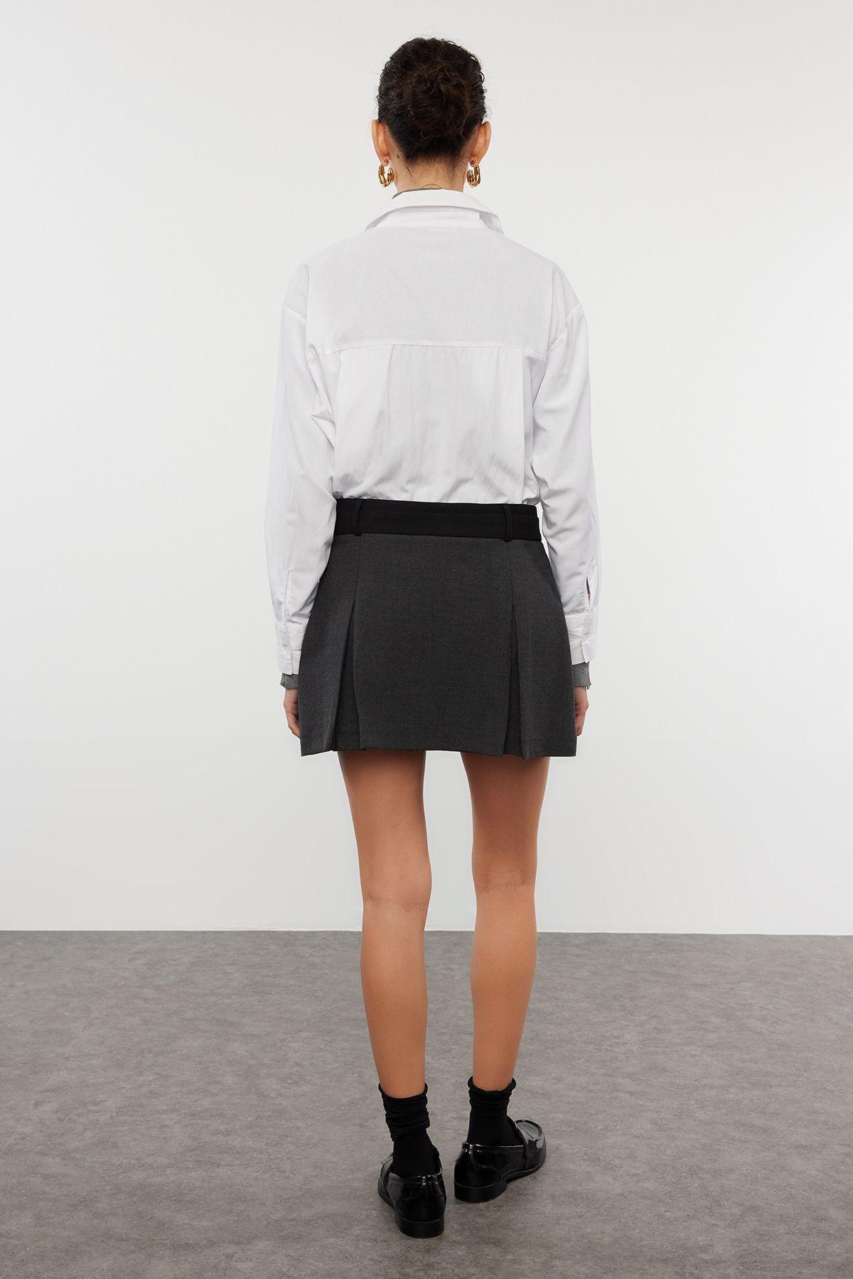 Anthracite Mini Double Pleated Woven Shorts Skirt TWOAW25SR00007, , large image number 4