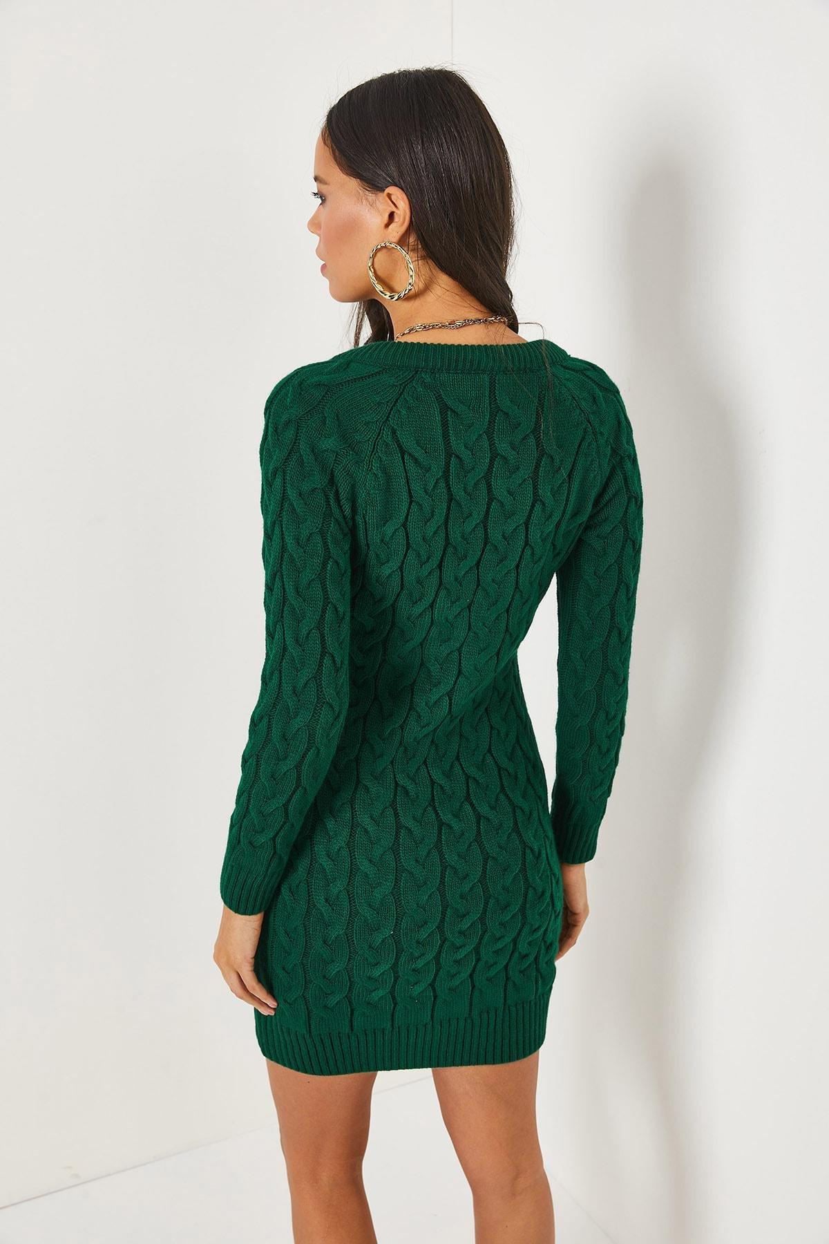 Green Sweater Dress With Zipper And Braids, Emerald, large image number 4