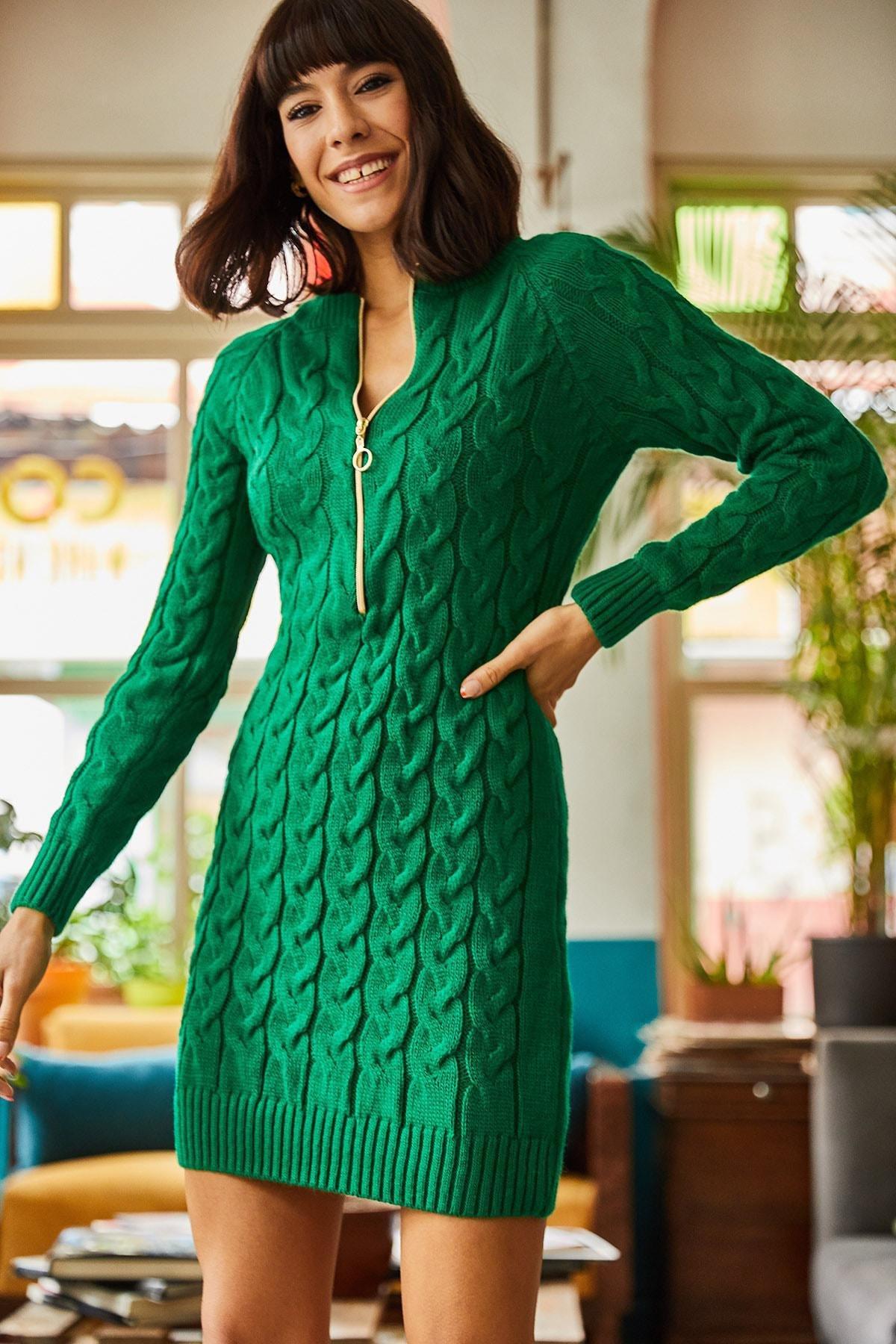 Green Textured Sweater Mini Dress, Green, large image number 1