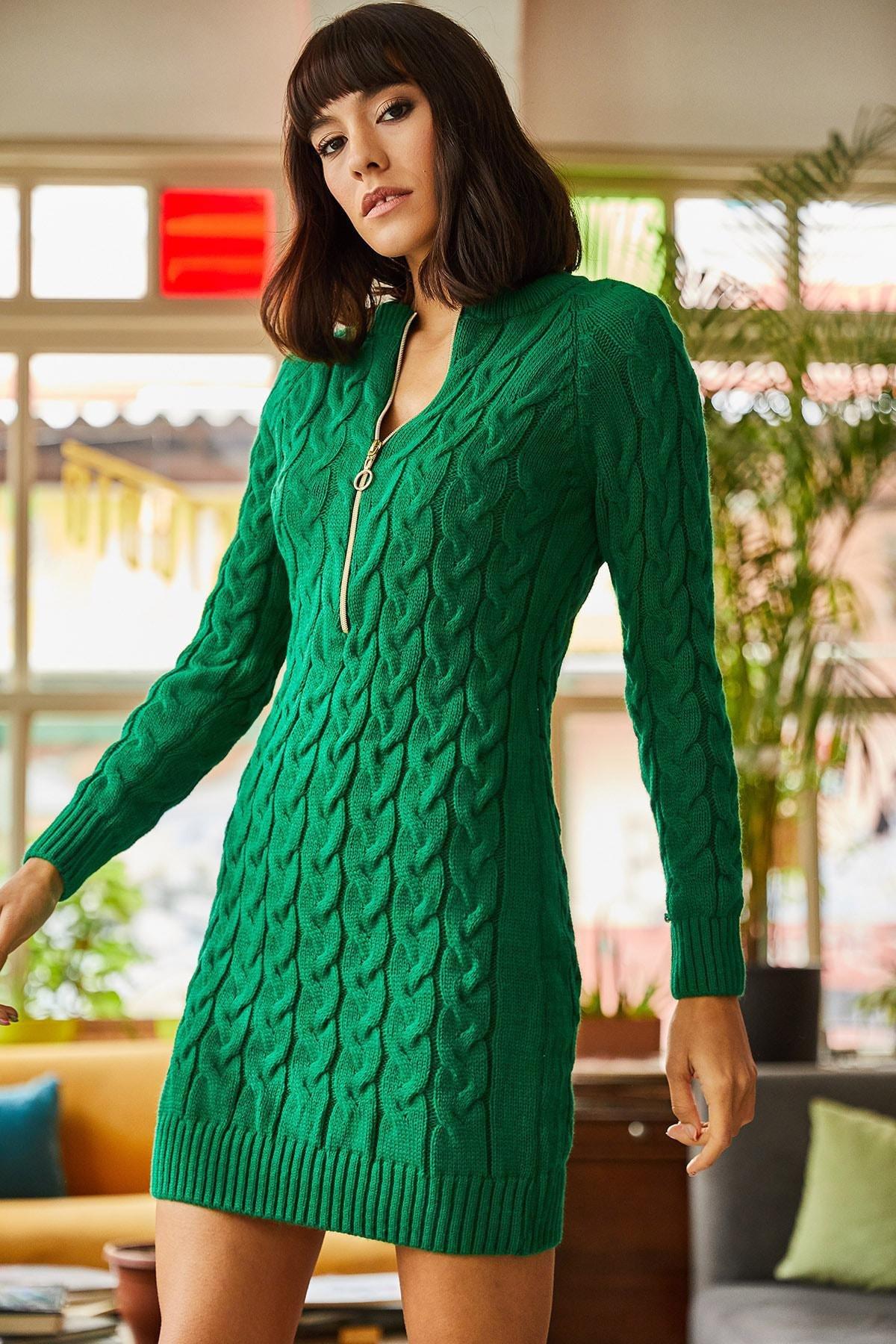 Green Textured Sweater Mini Dress, Green, large image number 2