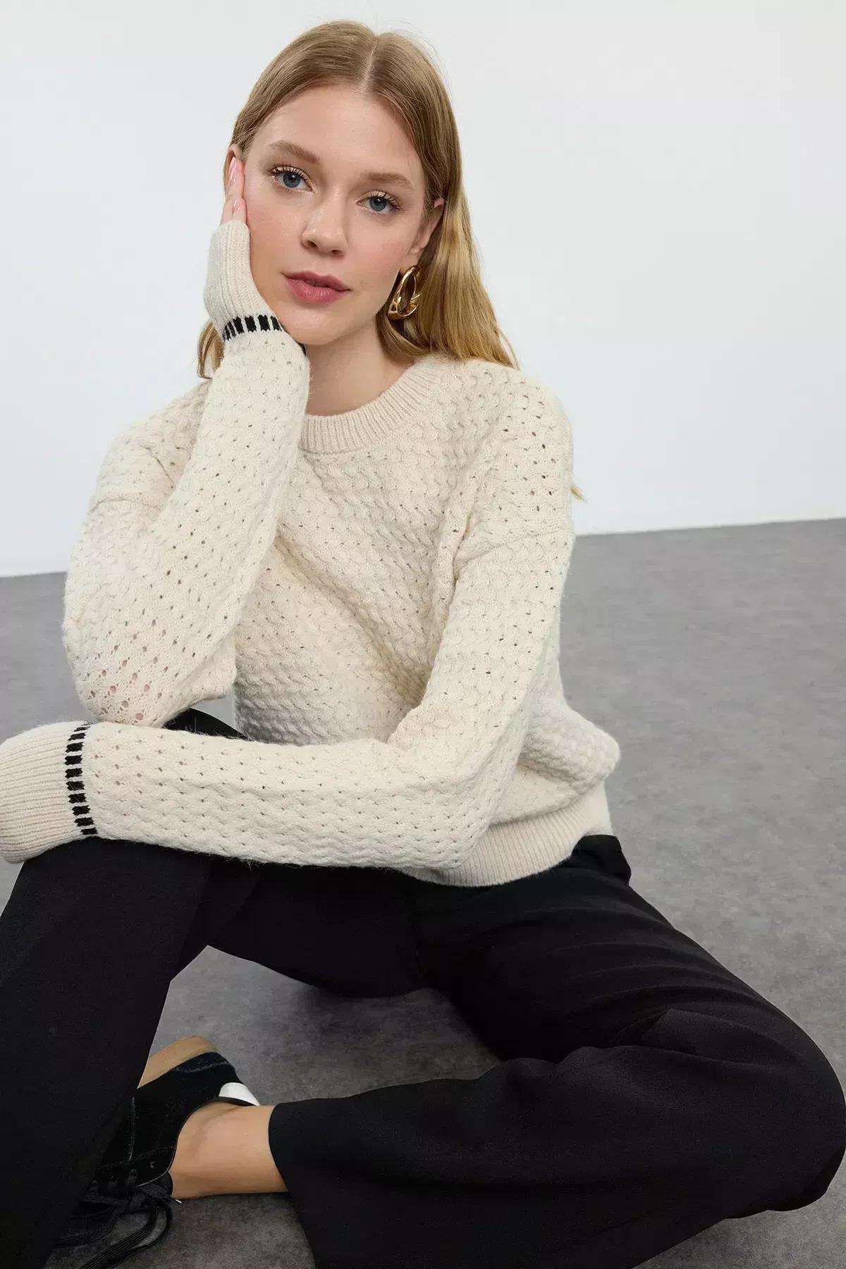 Brown d Crew Neck Sweater, STONE, large image number 0