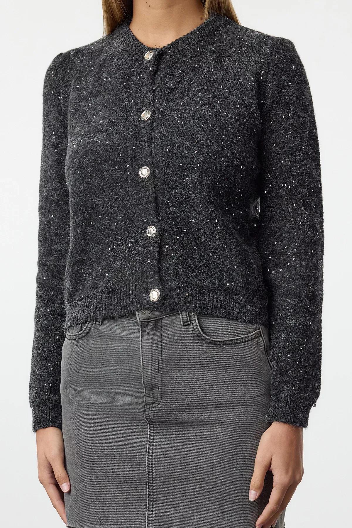 Grey Soft Ribbed Knit Cardigan, , large image number 3