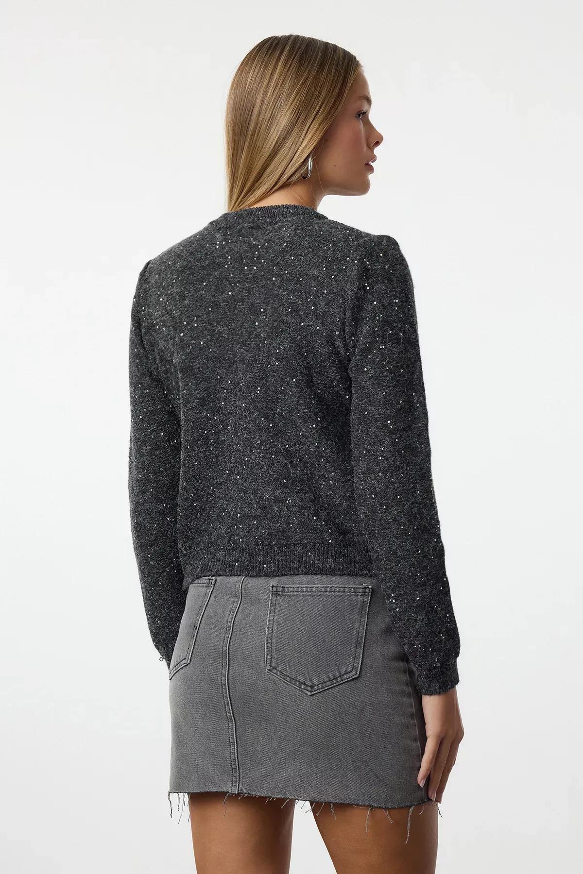 Grey Soft Ribbed Knit Cardigan, , large image number 4