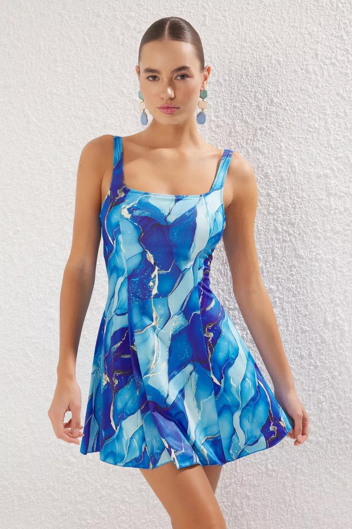 Blue Abstract Patterned Skirted Swimsuit, , large image number 0