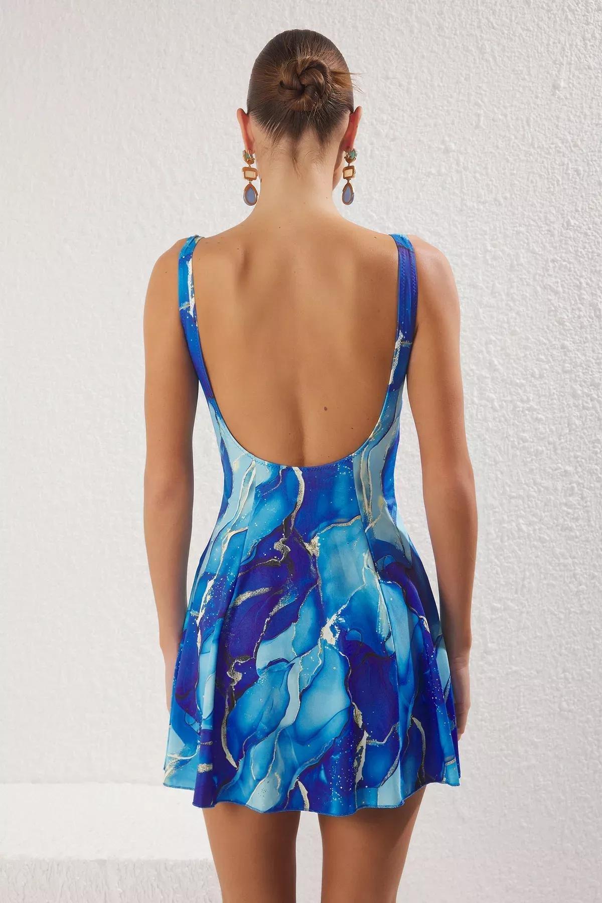 Blue Abstract Patterned Skirted Swimsuit, , large image number 4