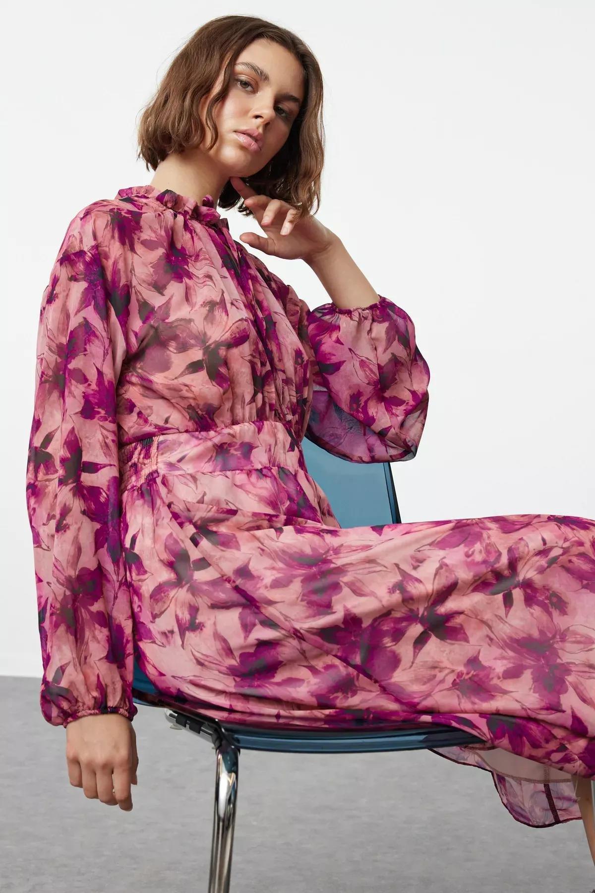 Pink Patterned Opening Waist Maxi Dress, Pink, large image number 1