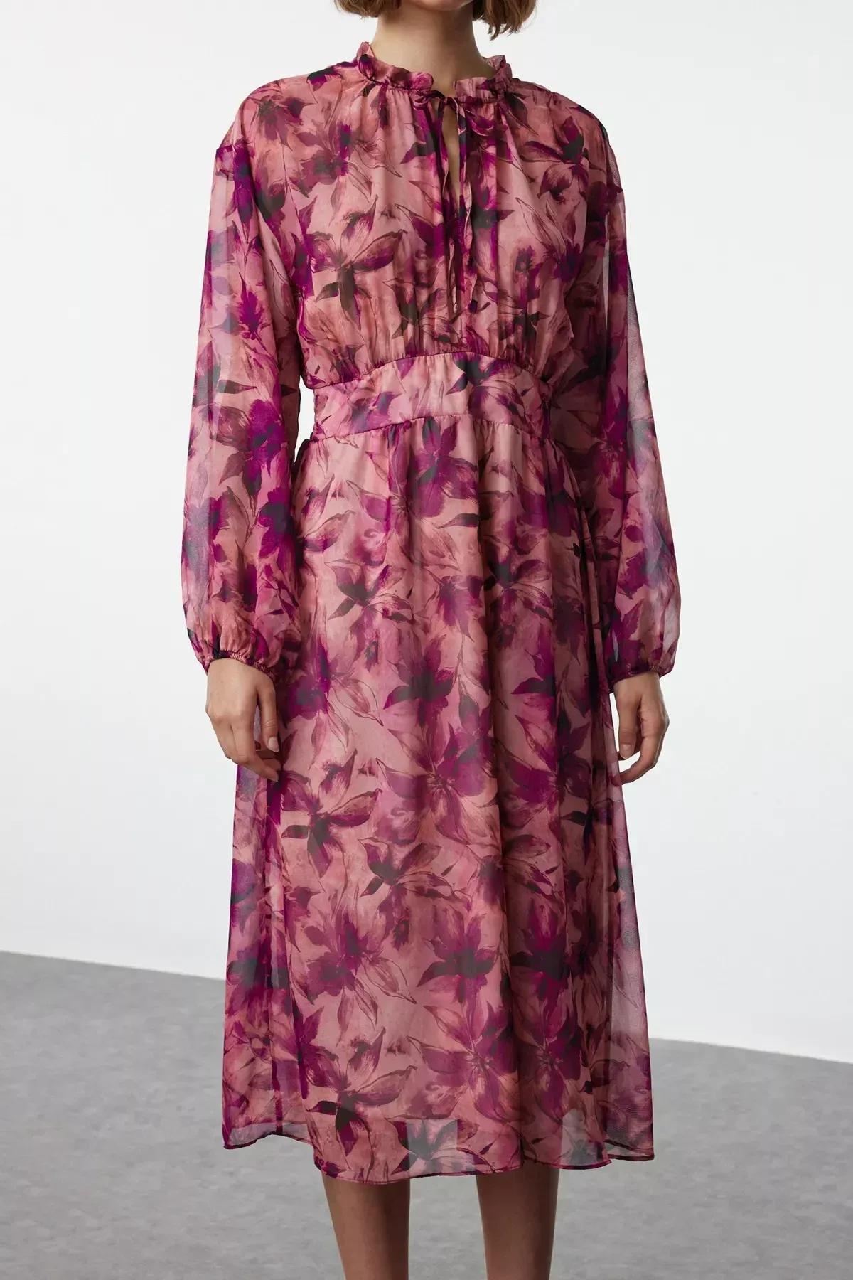 Pink Patterned Opening Waist Maxi Dress, Pink, large image number 3