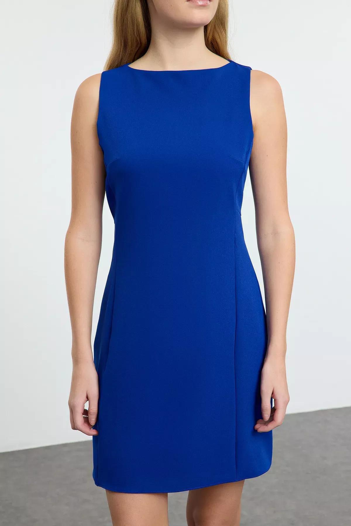 Blue Plain Mini Woven Dress, , large image number 3