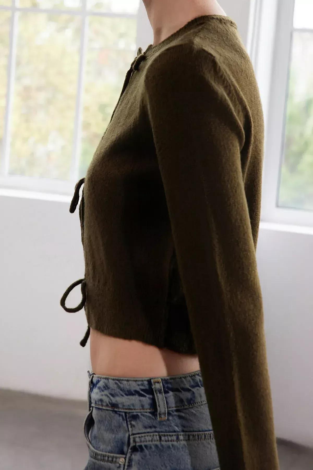 Green Limited Crop Knit Cardigan, Light Khaki, large image number 2