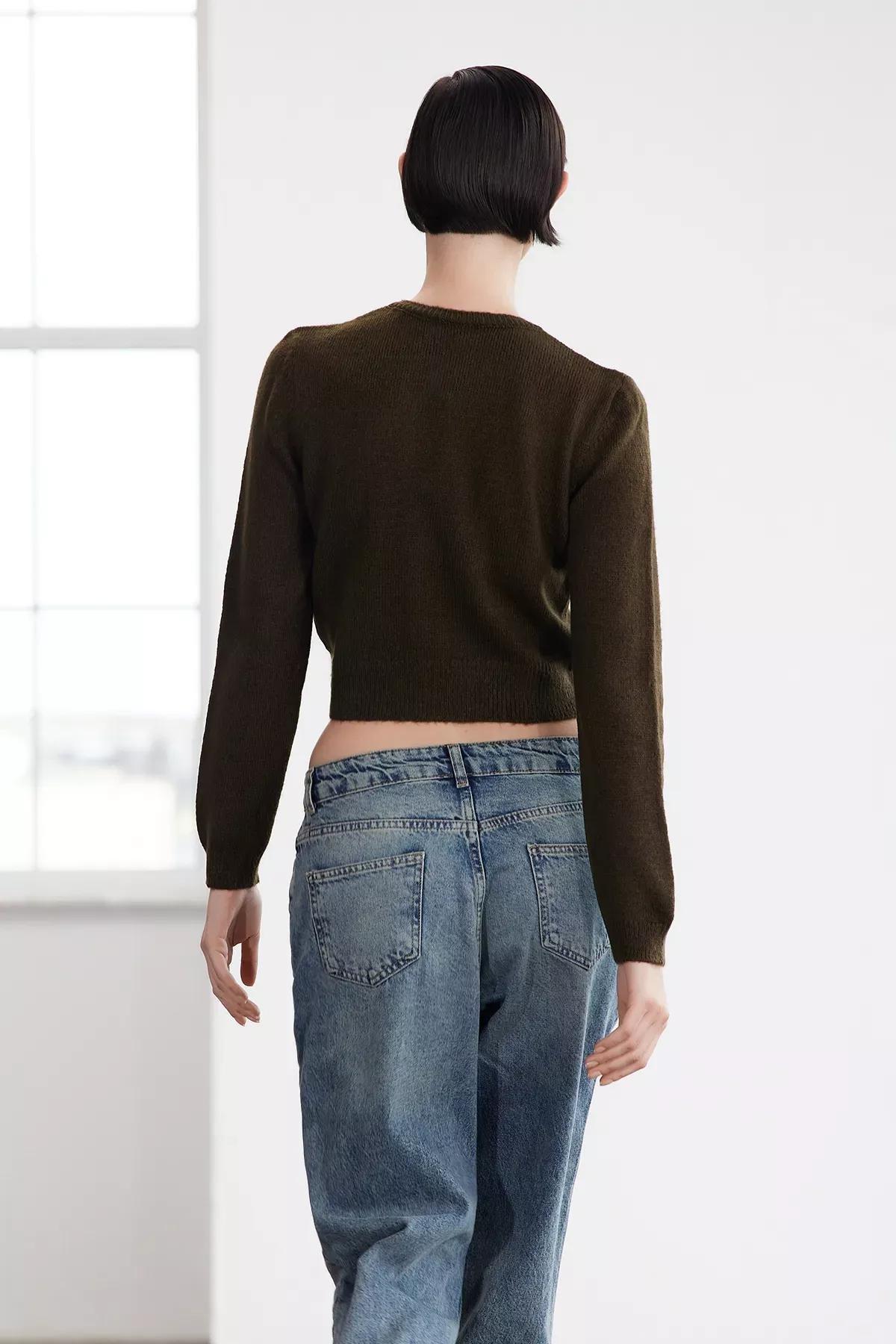 Green Limited Crop Knit Cardigan, Light Khaki, large image number 3