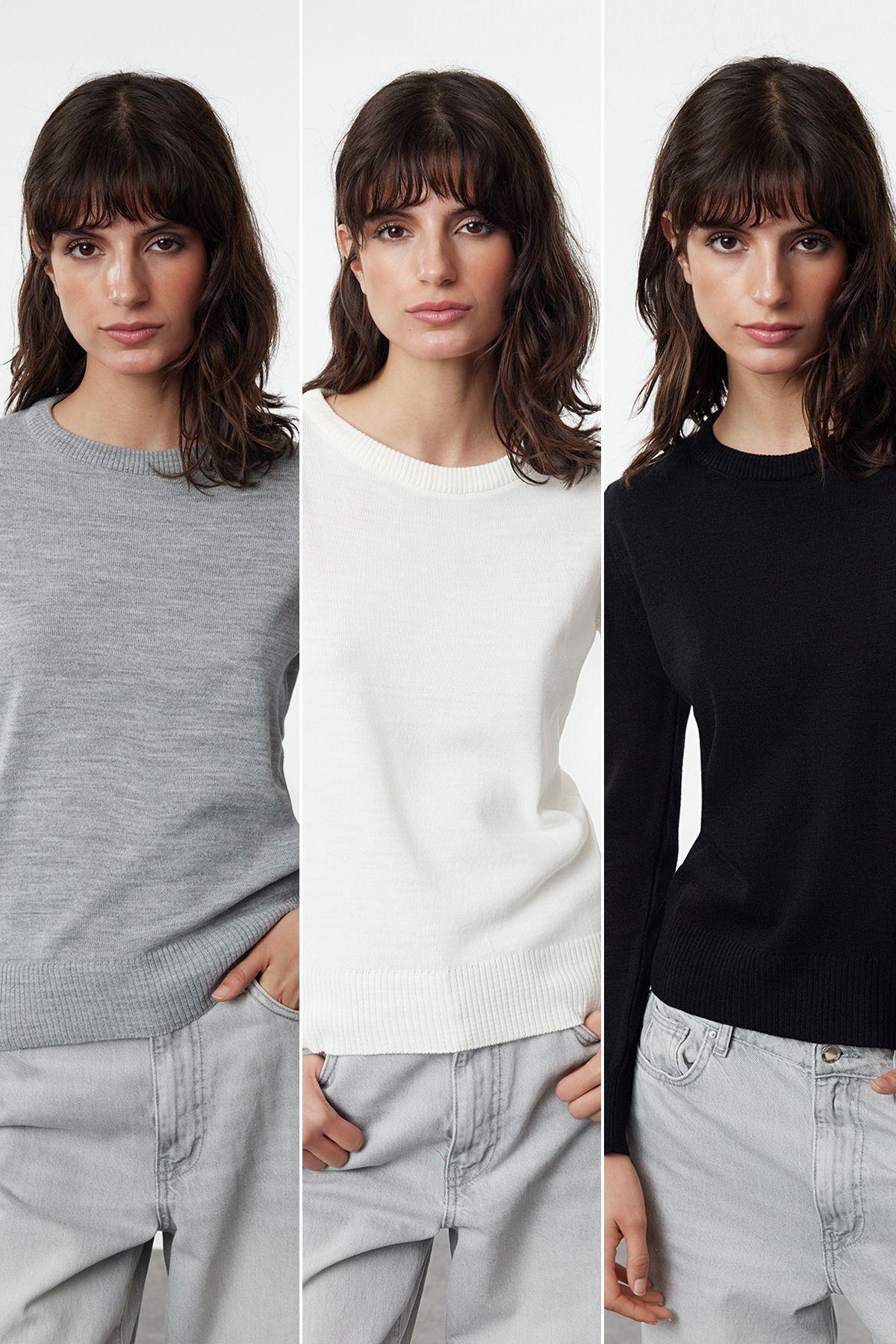 Black-Grey-Ecru Pack of 3 Jumpers Sweater, C101_6848, large image number 0