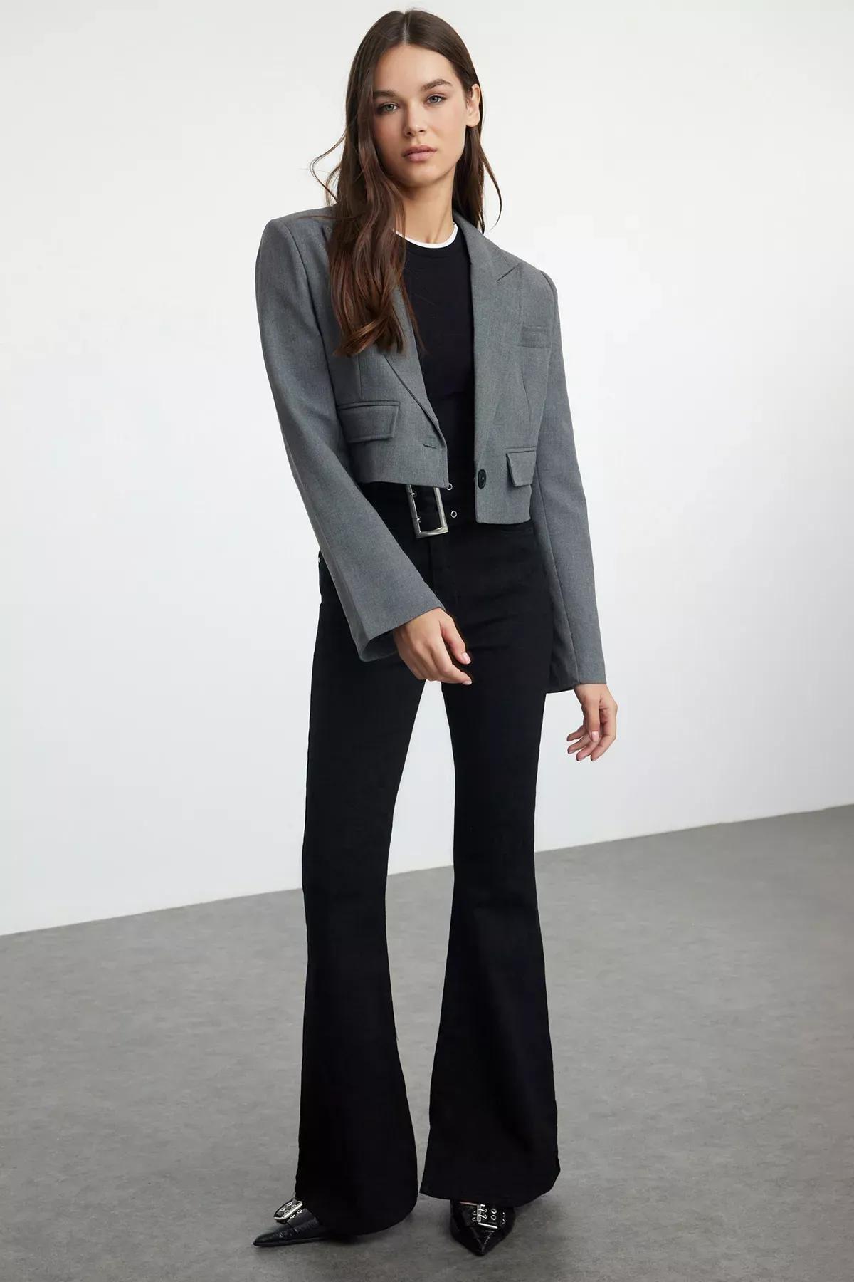Black High Waist Belted Flare Jeans TWOAW25JE00050, , medium