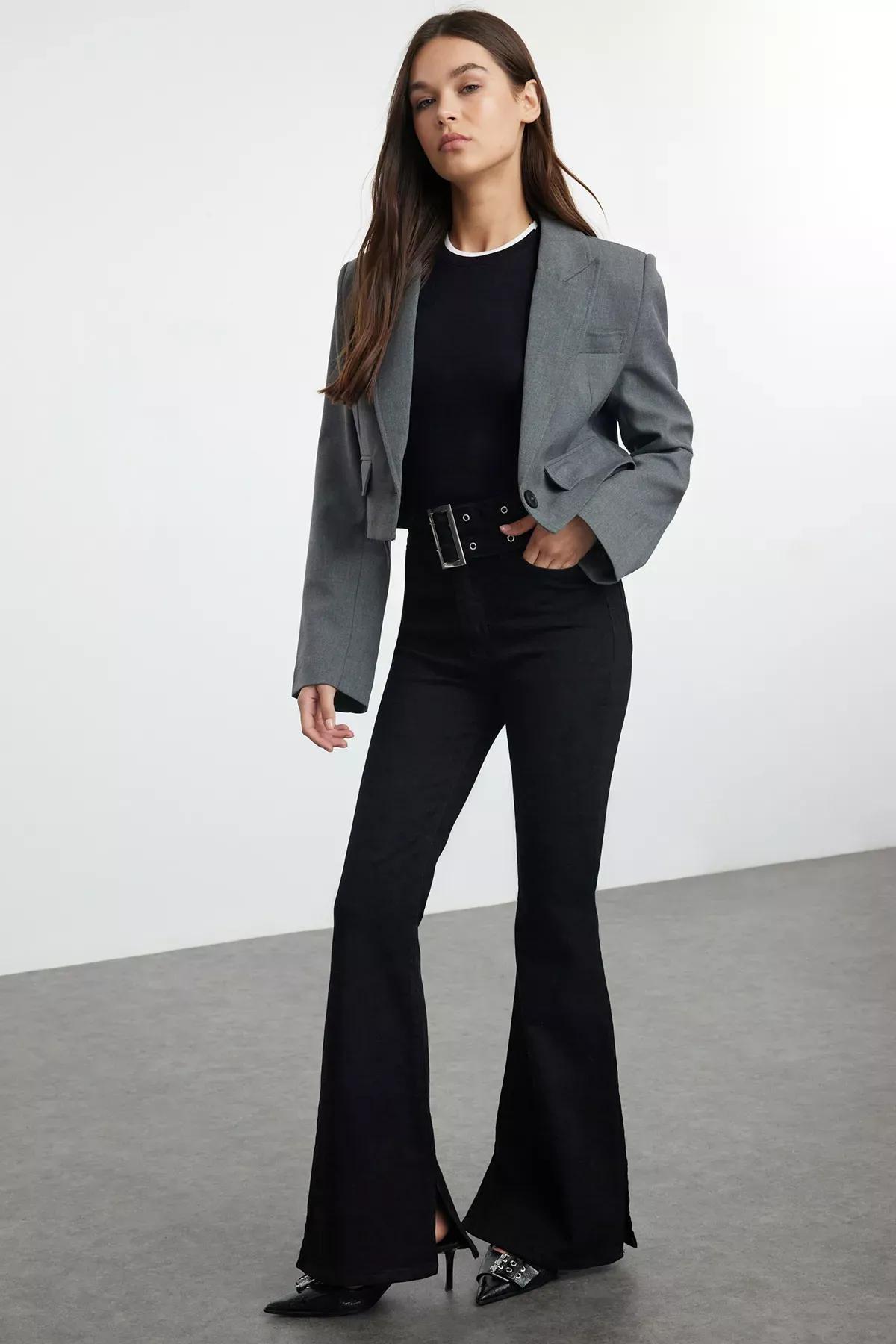 Black High Waist Belted Flare Jeans TWOAW25JE00050, BLACK, large image number 1