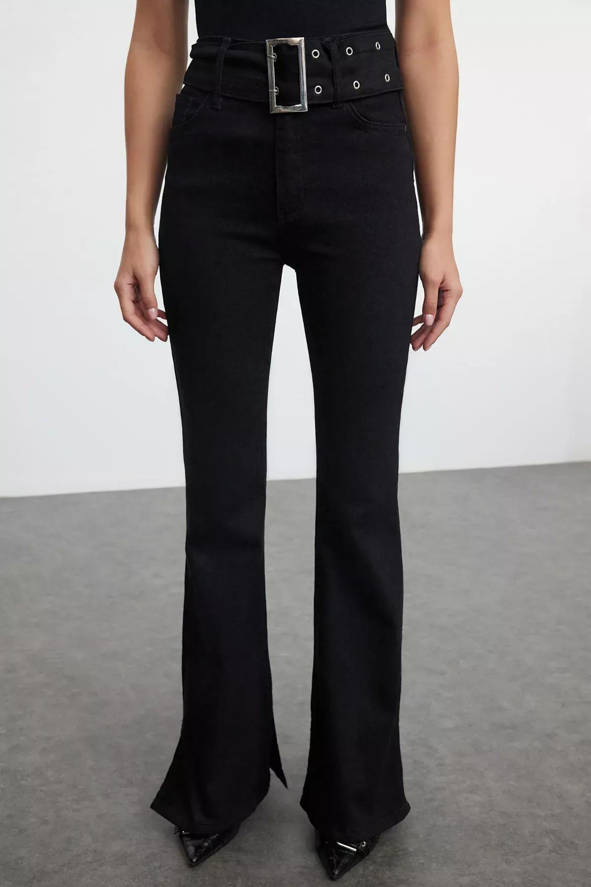 Black High Waist Belted Flare Jeans TWOAW25JE00050, BLACK, large image number 3