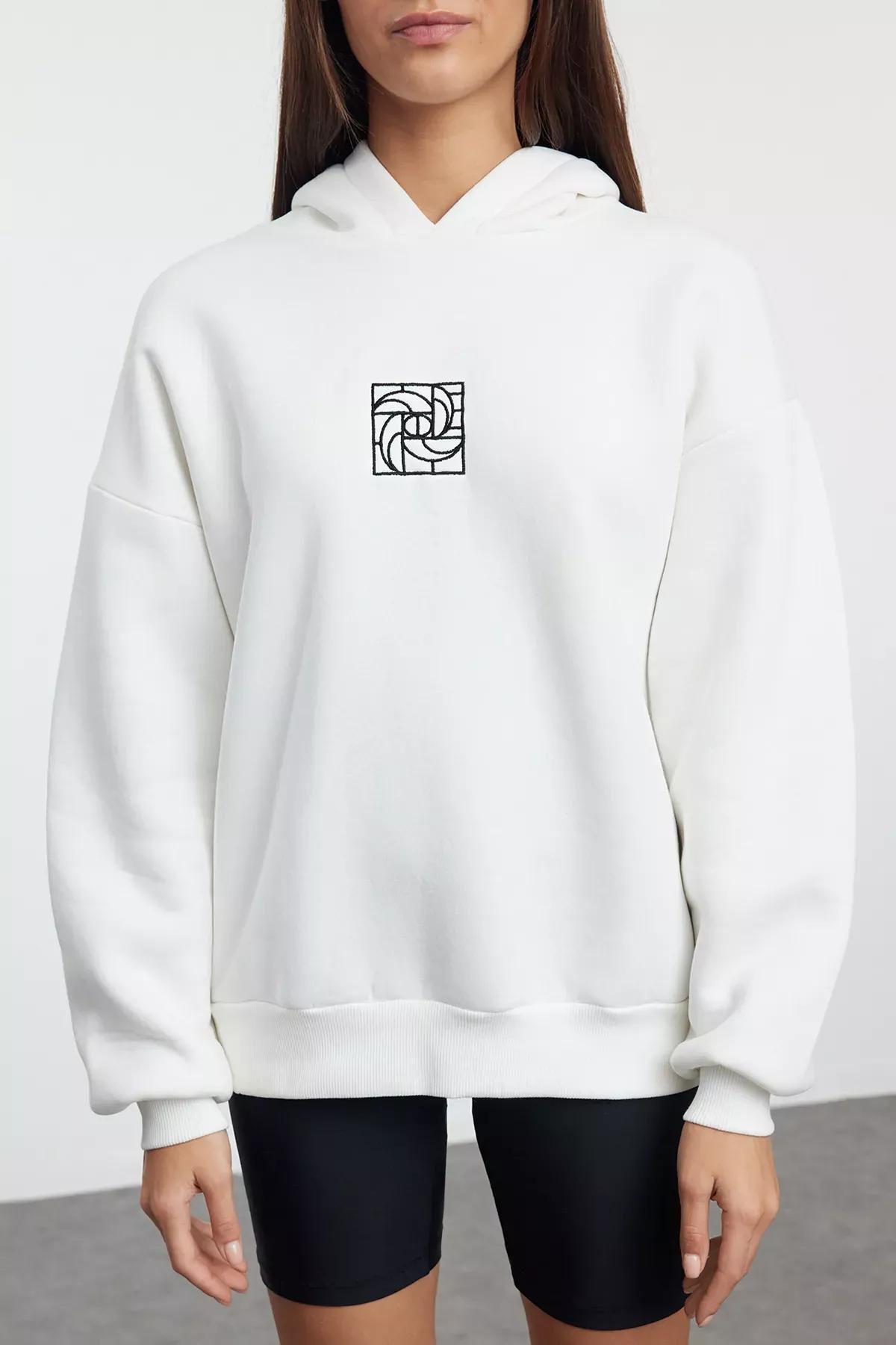 Beige Oversize Embroidered Sweatshirt, Ecru, large image number 2