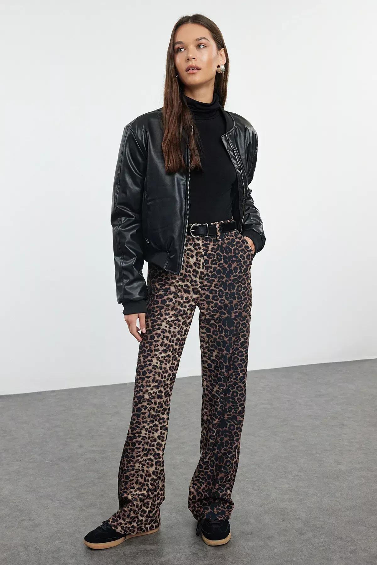 Brown Leopard Straight Woven Trousers, Brown, medium