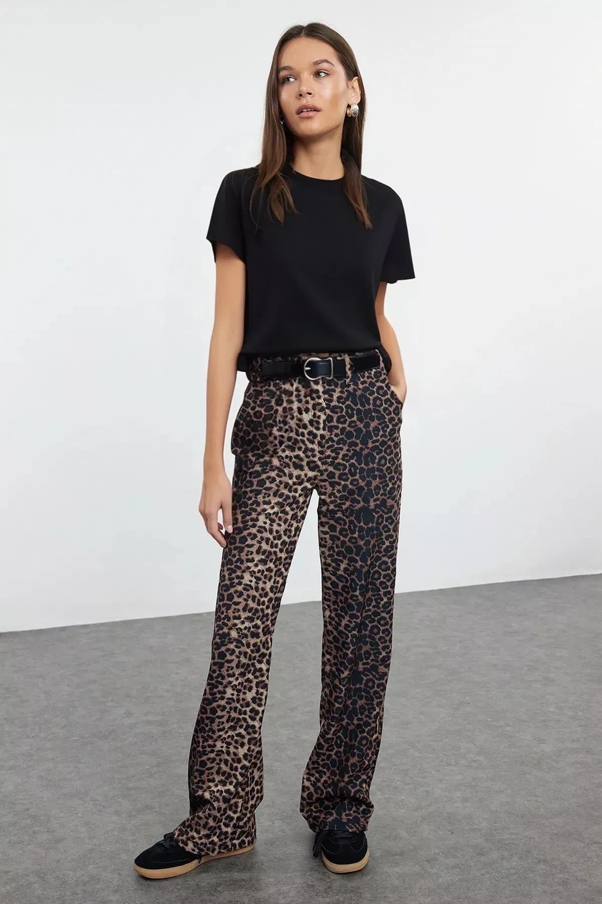 Brown Leopard Straight Woven Trousers, Brown, large image number 1
