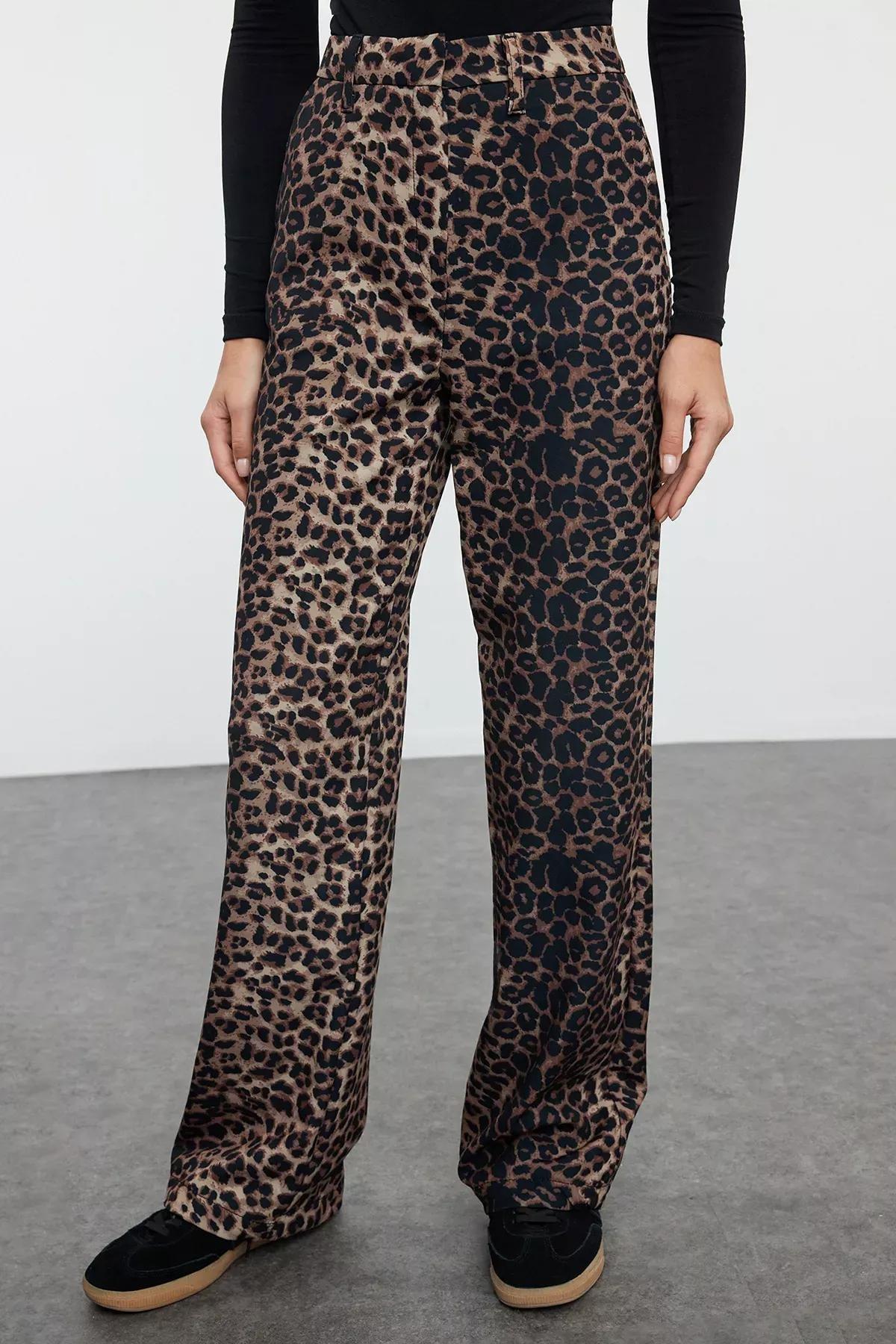 Brown Leopard Straight Woven Trousers, Brown, large image number 4