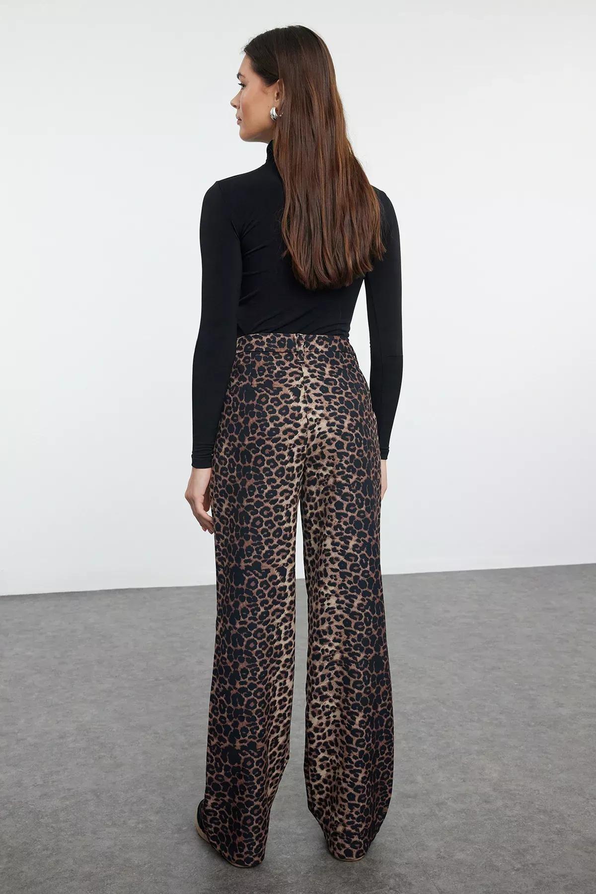 Brown Leopard Straight Woven Trousers, Brown, large image number 7