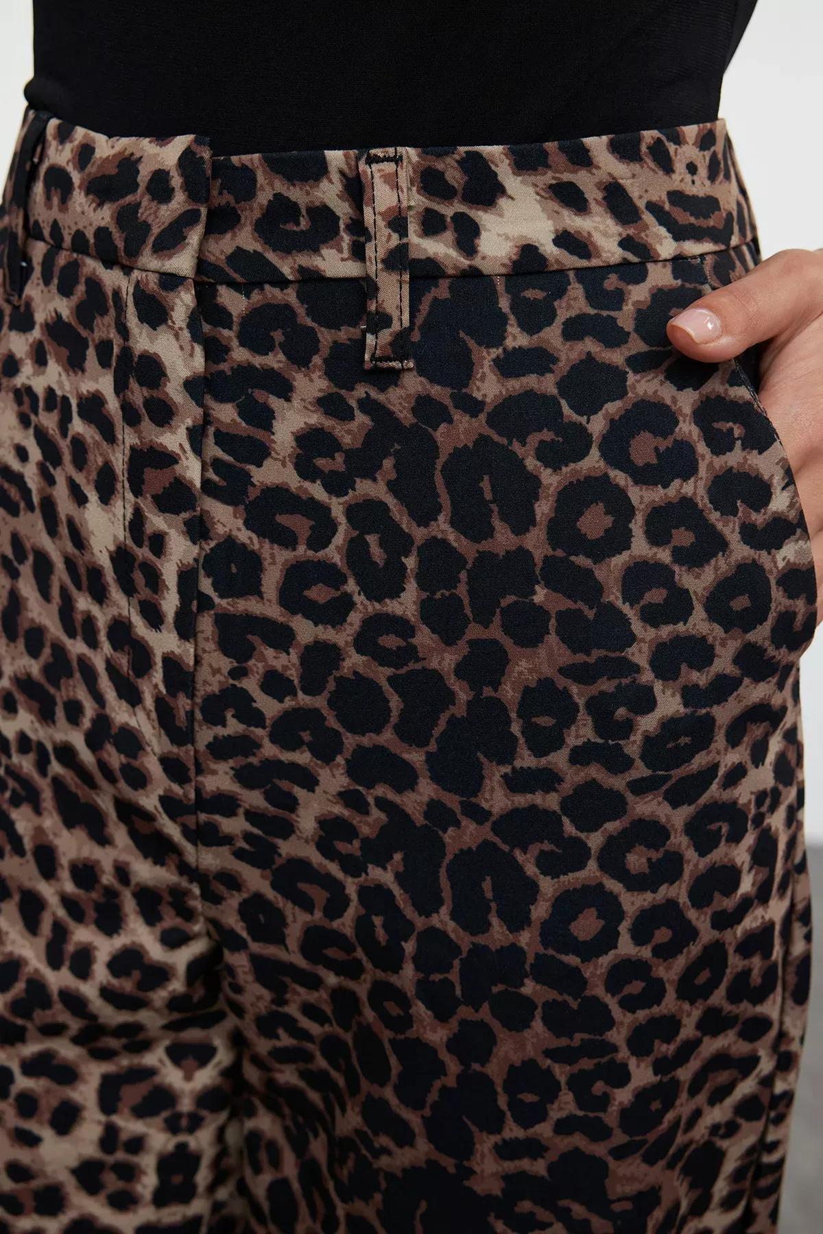 Brown Leopard Straight Woven Trousers, Brown, large image number 8