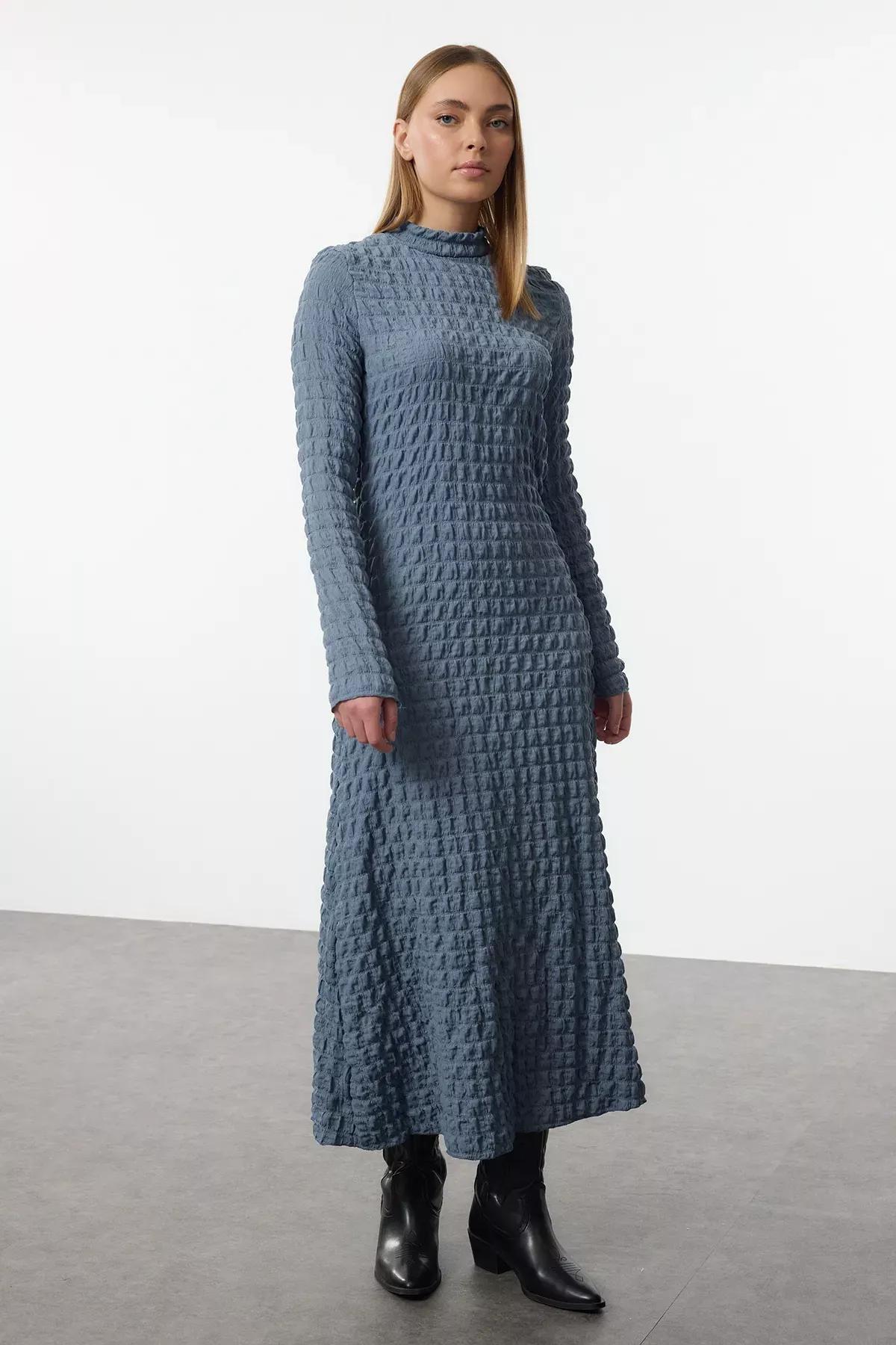 Blue Plain Textured Collared A-Line Dress, , large image number 0