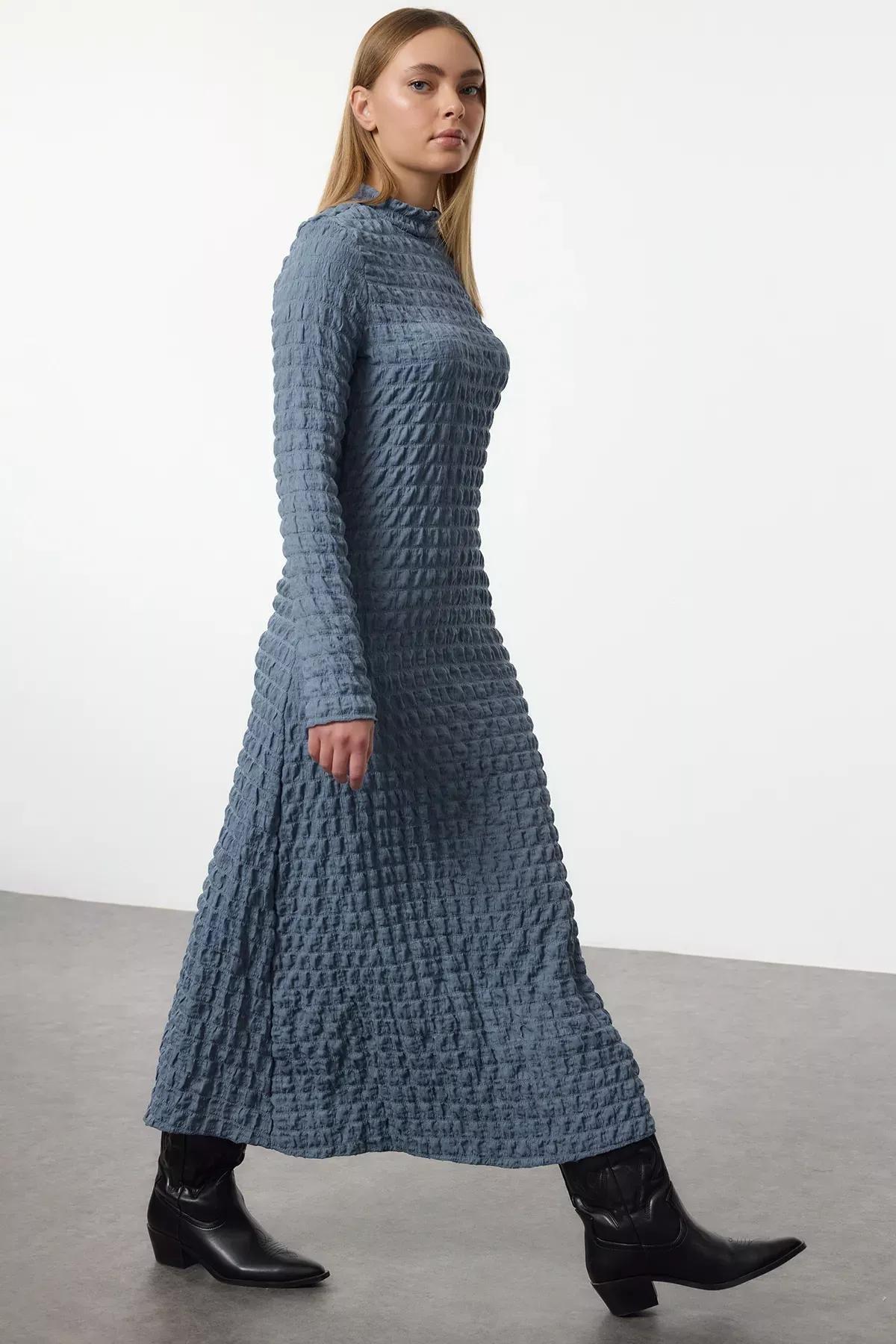 Blue Plain Textured Collared A-Line Dress, , large image number 1