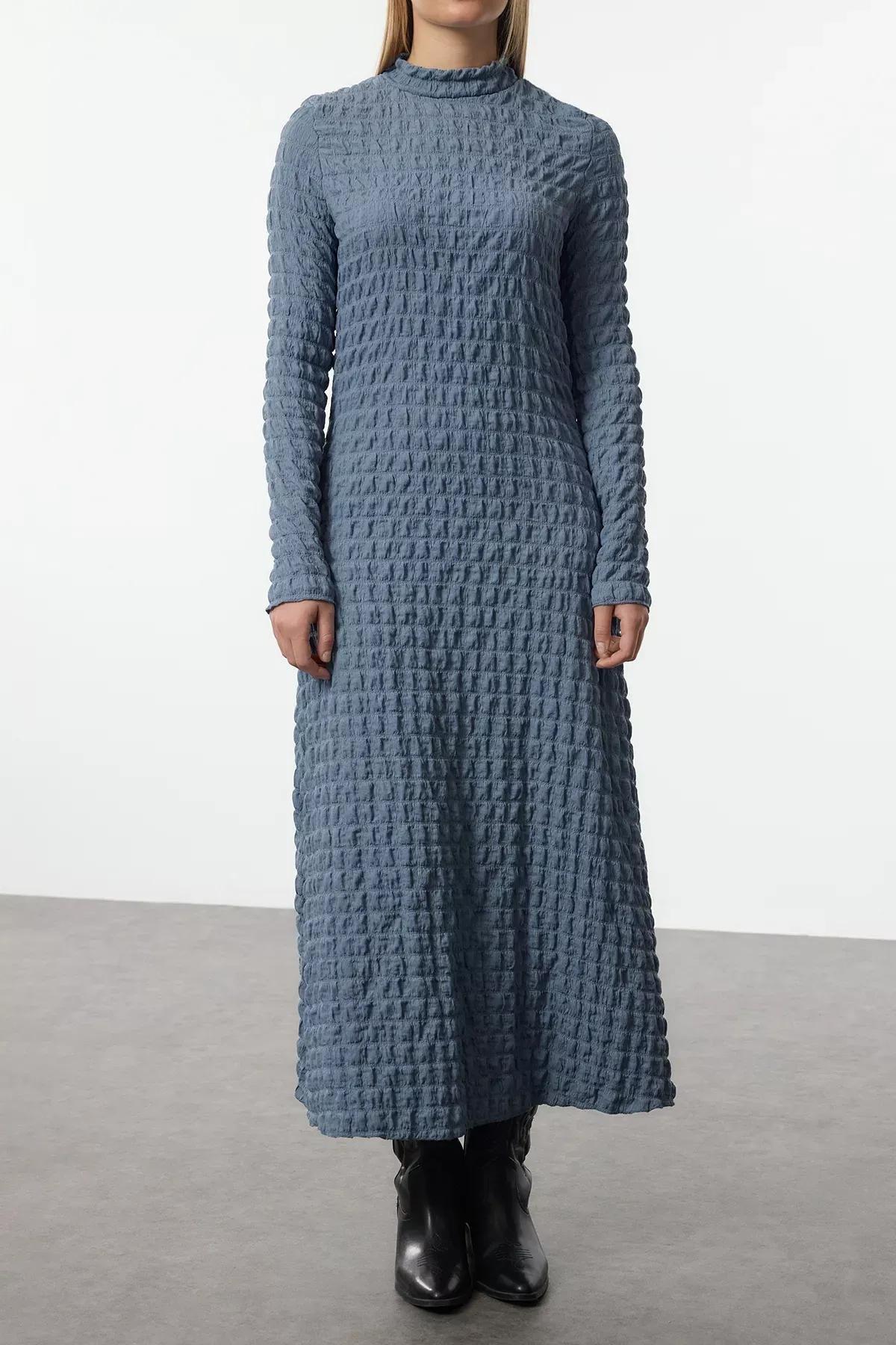 Blue Plain Textured Collared A-Line Dress, , large image number 3