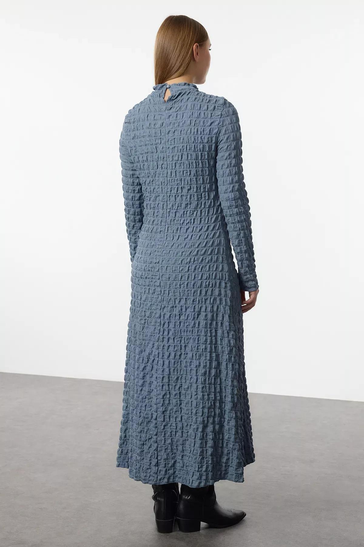 Blue Plain Textured Collared A-Line Dress, , large image number 4