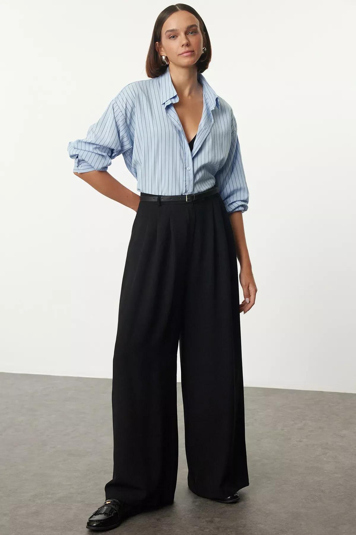 Black Wide Leg Pleated Trousers, BLACK, large image number 0