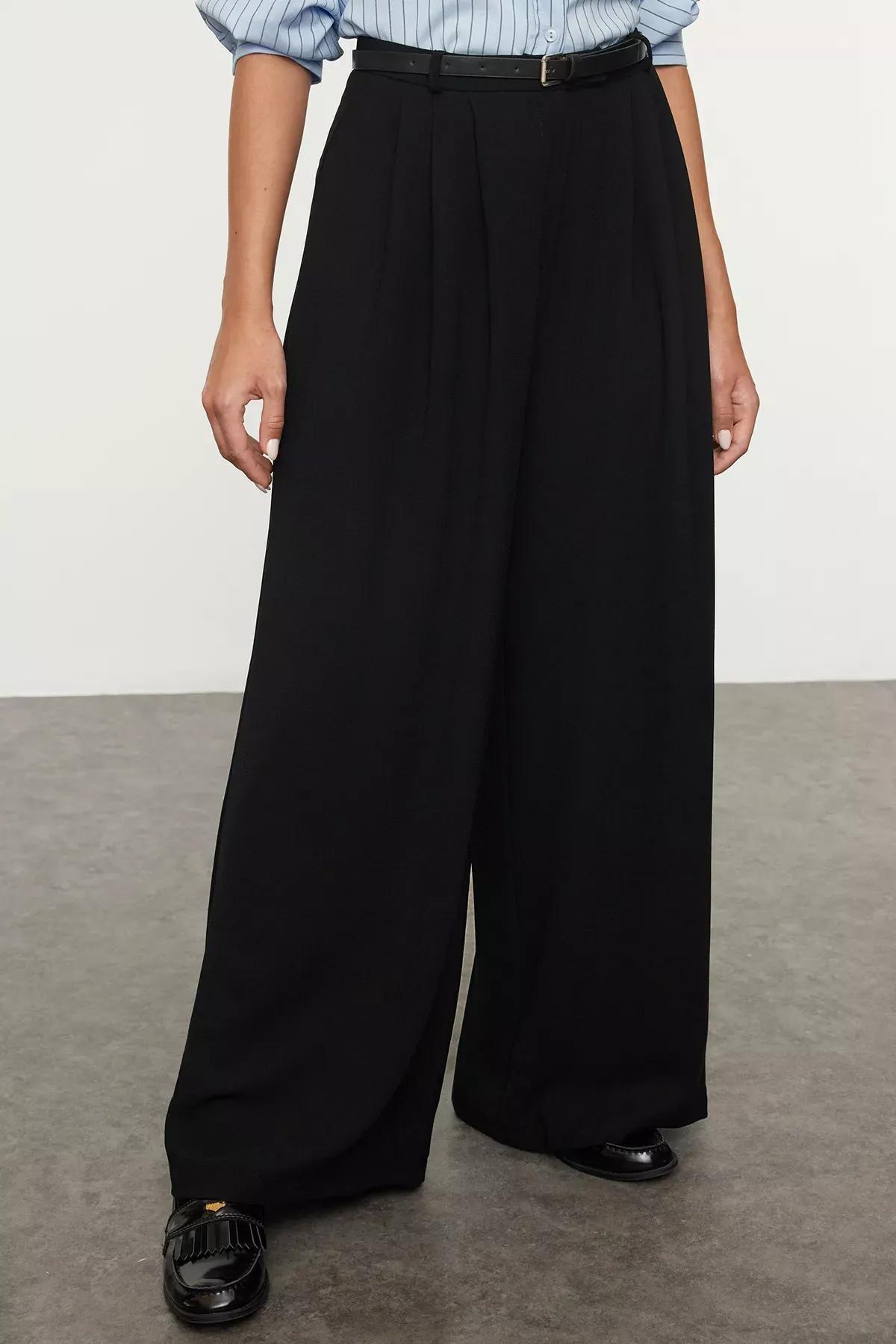 Black Wide Leg Pleated Trousers, BLACK, medium