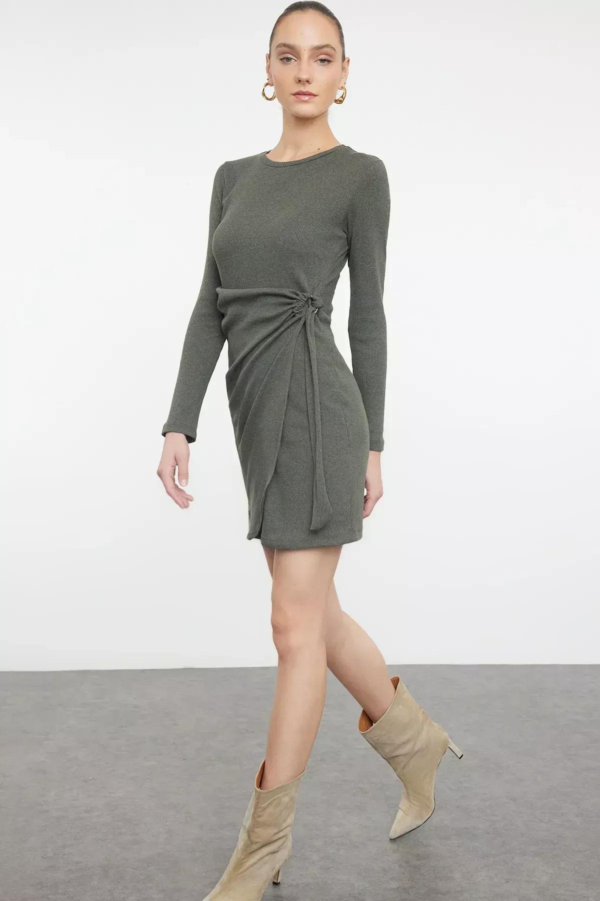 Khaki Knot Sweater Mini Dress, Khaki, large image number 0