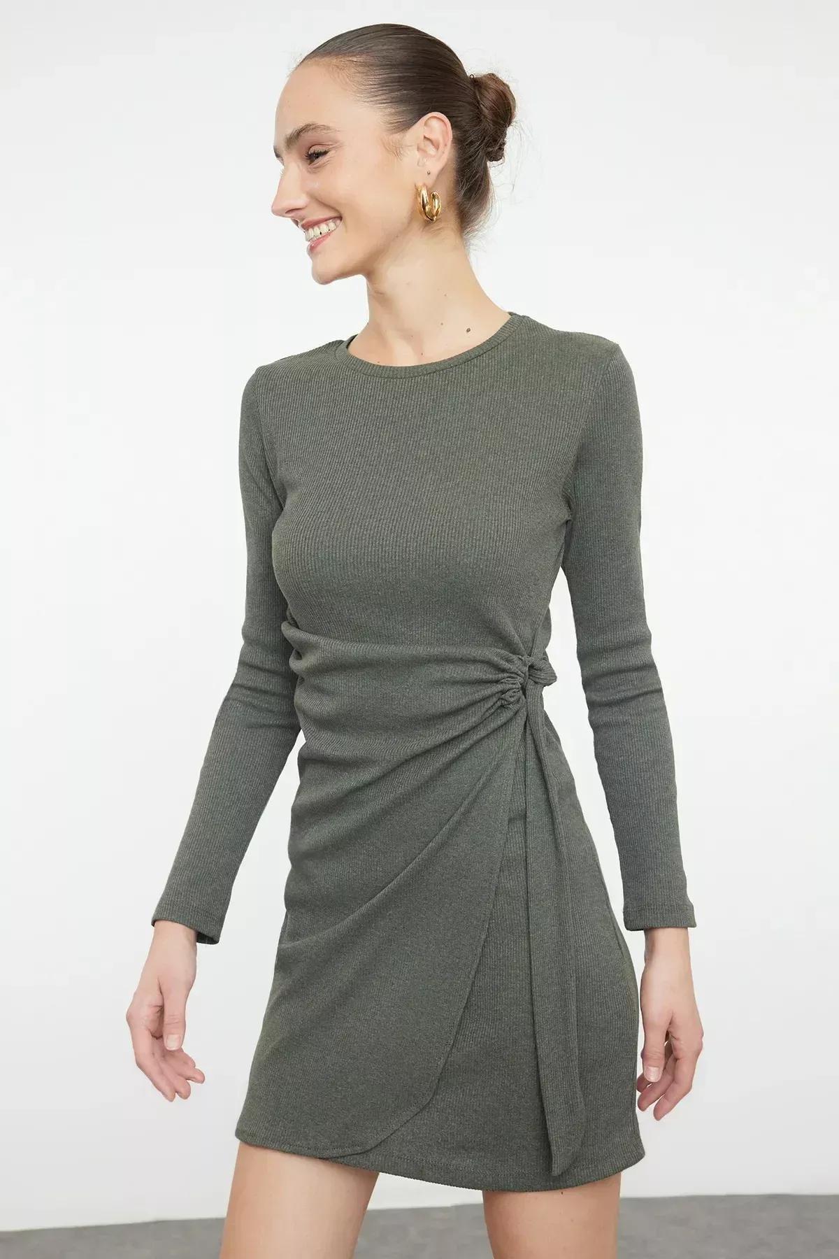 Khaki Knot Sweater Mini Dress, Khaki, large image number 1