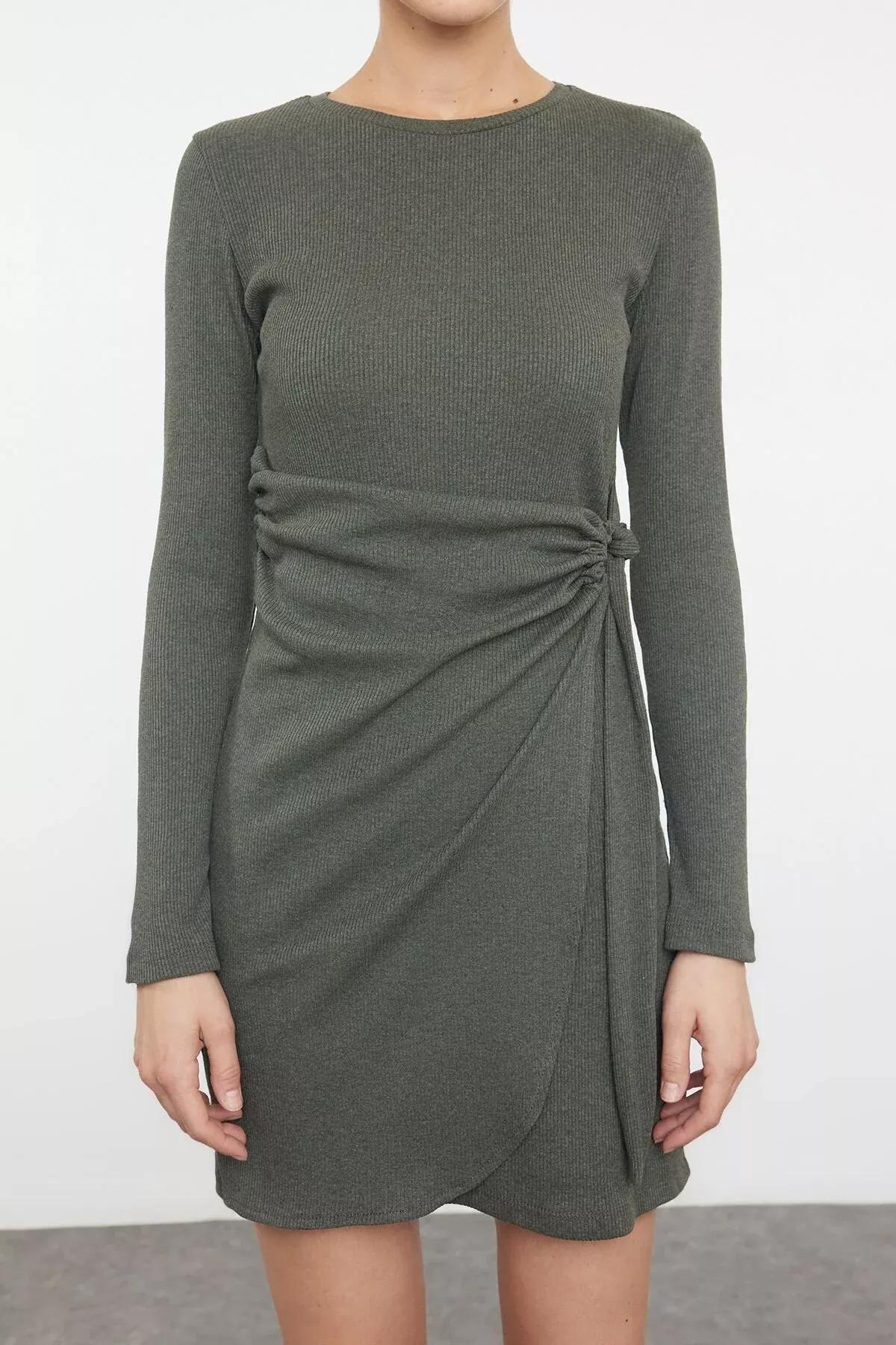 Khaki Knot Sweater Mini Dress, Khaki, large image number 2