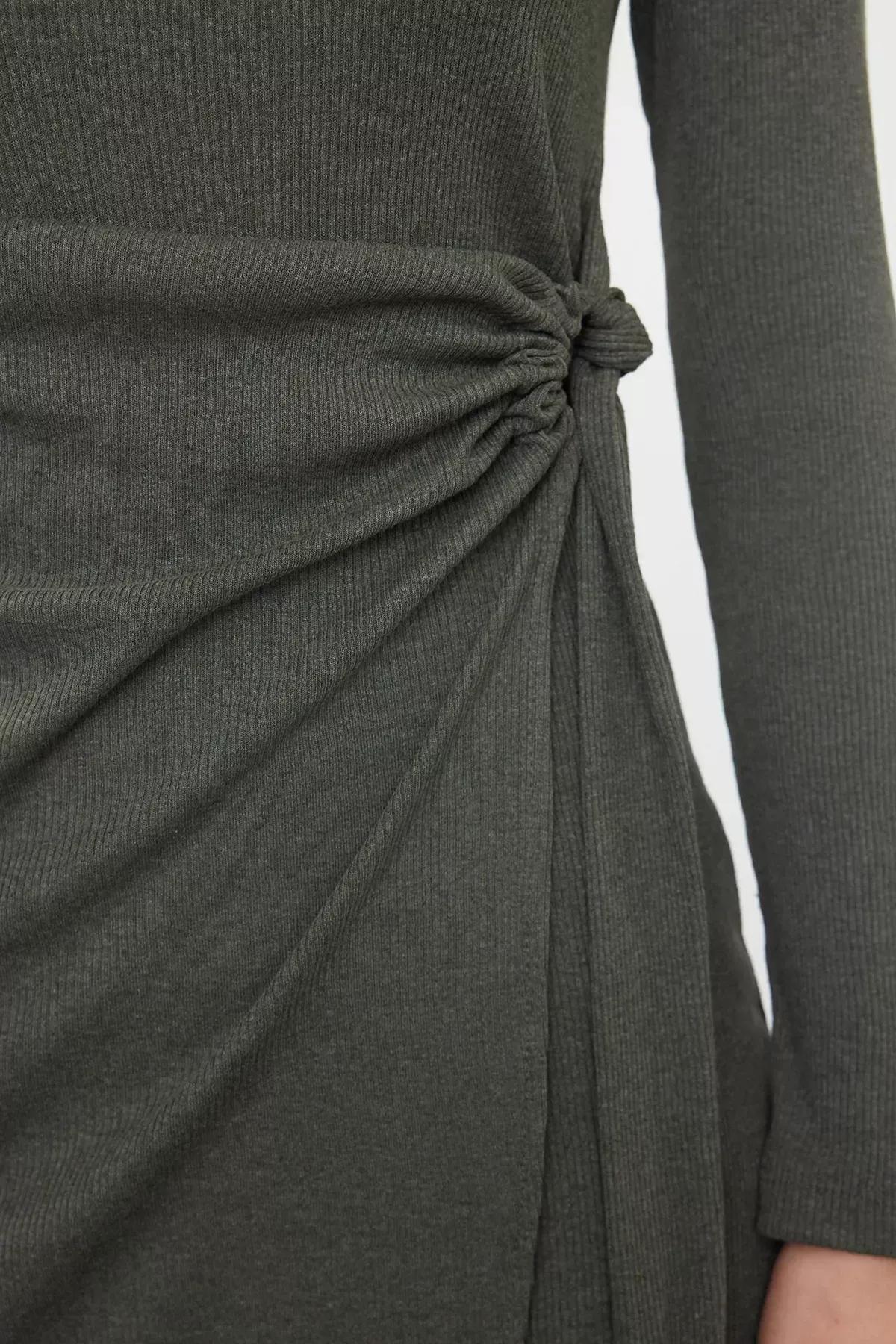 Khaki Knot Sweater Mini Dress, Khaki, large image number 3