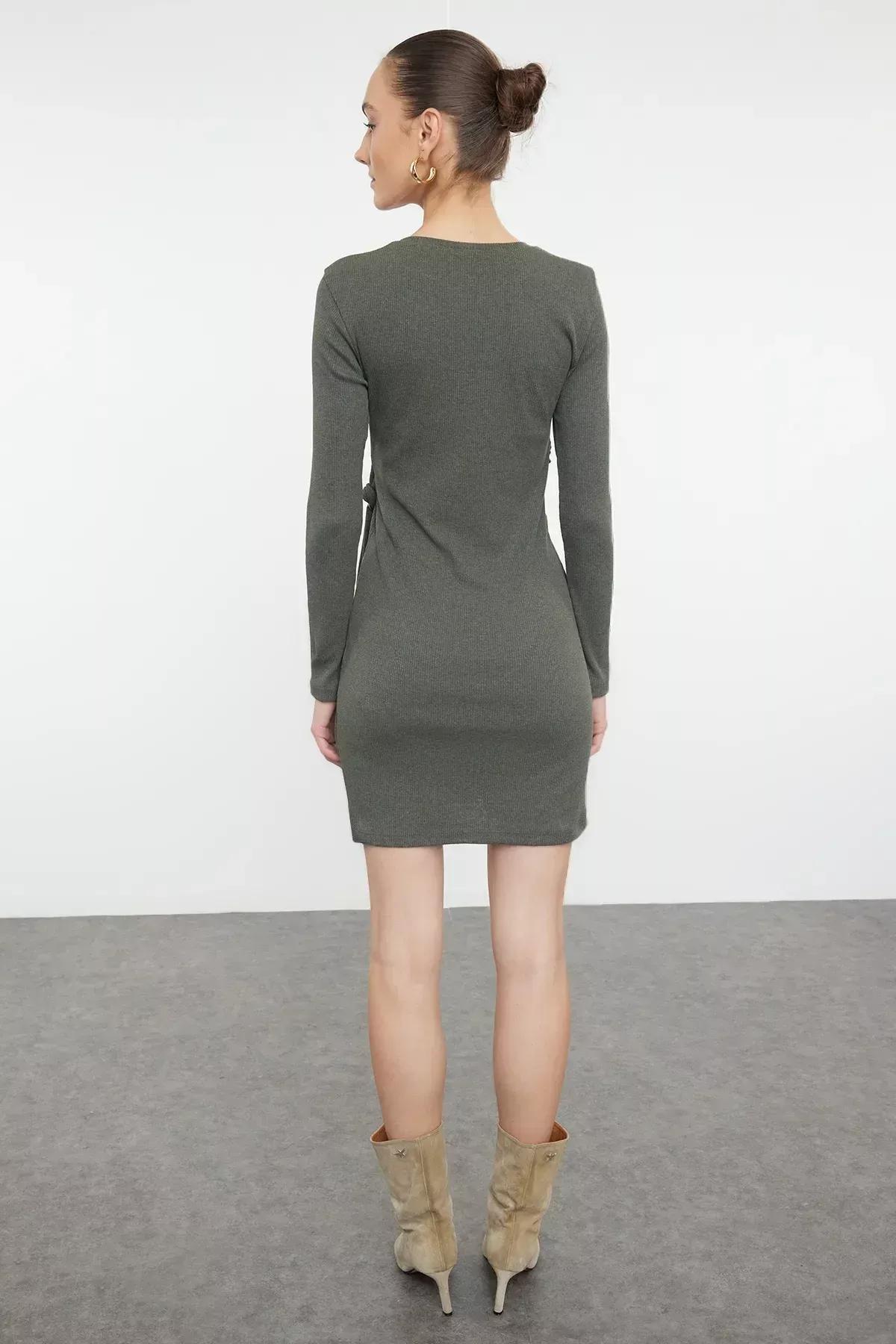 Khaki Knot Sweater Mini Dress, Khaki, large image number 4