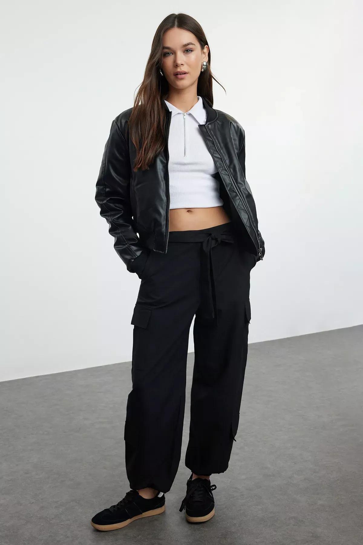 Black Textured Cotton Belted Cargo Trousers, , large image number 0