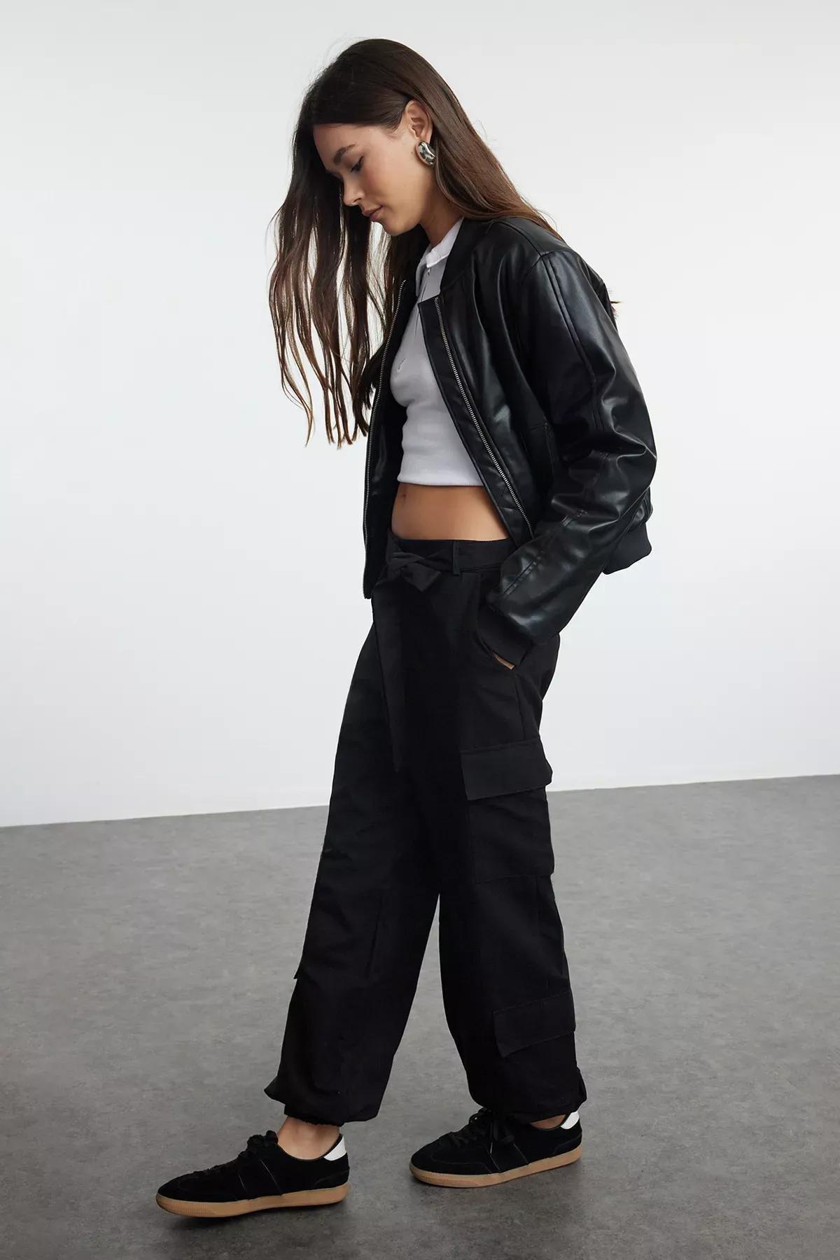 Black Textured Cotton Belted Cargo Trousers, , large image number 1