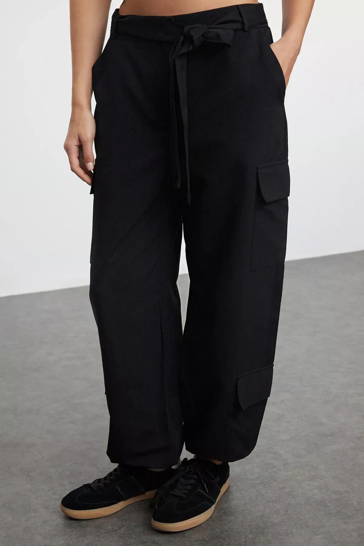 Black Textured Cotton Belted Cargo Trousers, , large image number 2