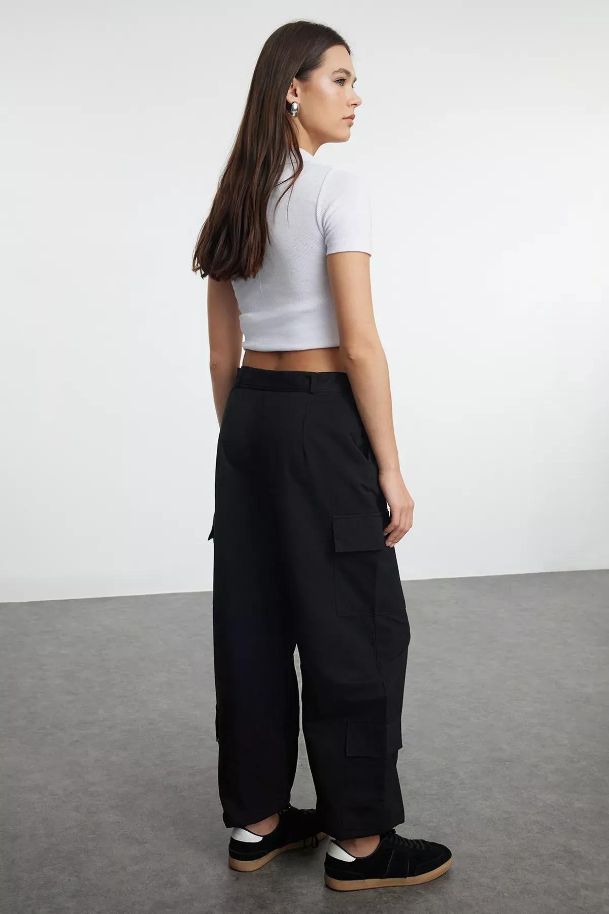 Black Textured Cotton Belted Cargo Trousers, , large image number 4