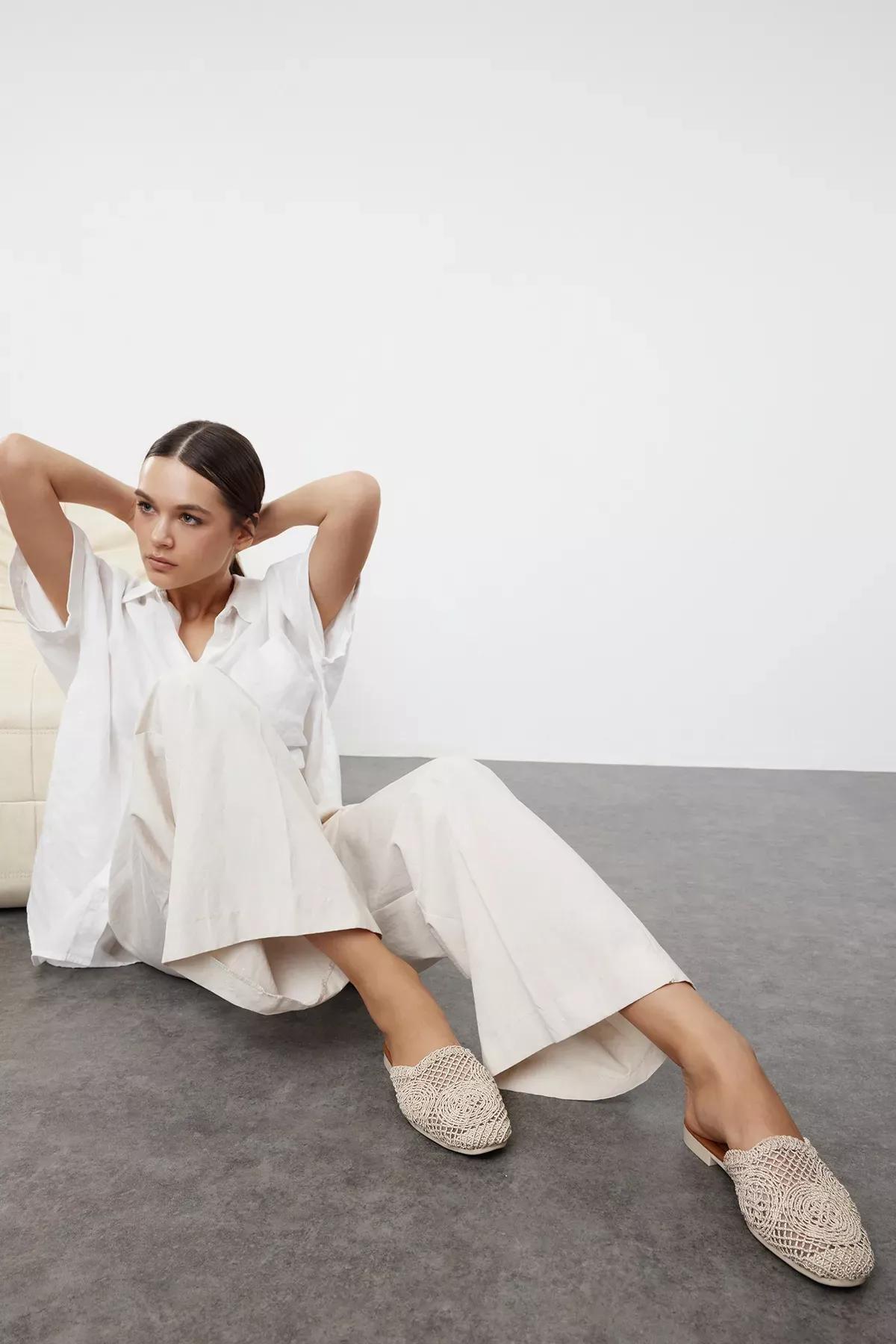 Beige Knit Detail Women’s Slippers, Beige, medium