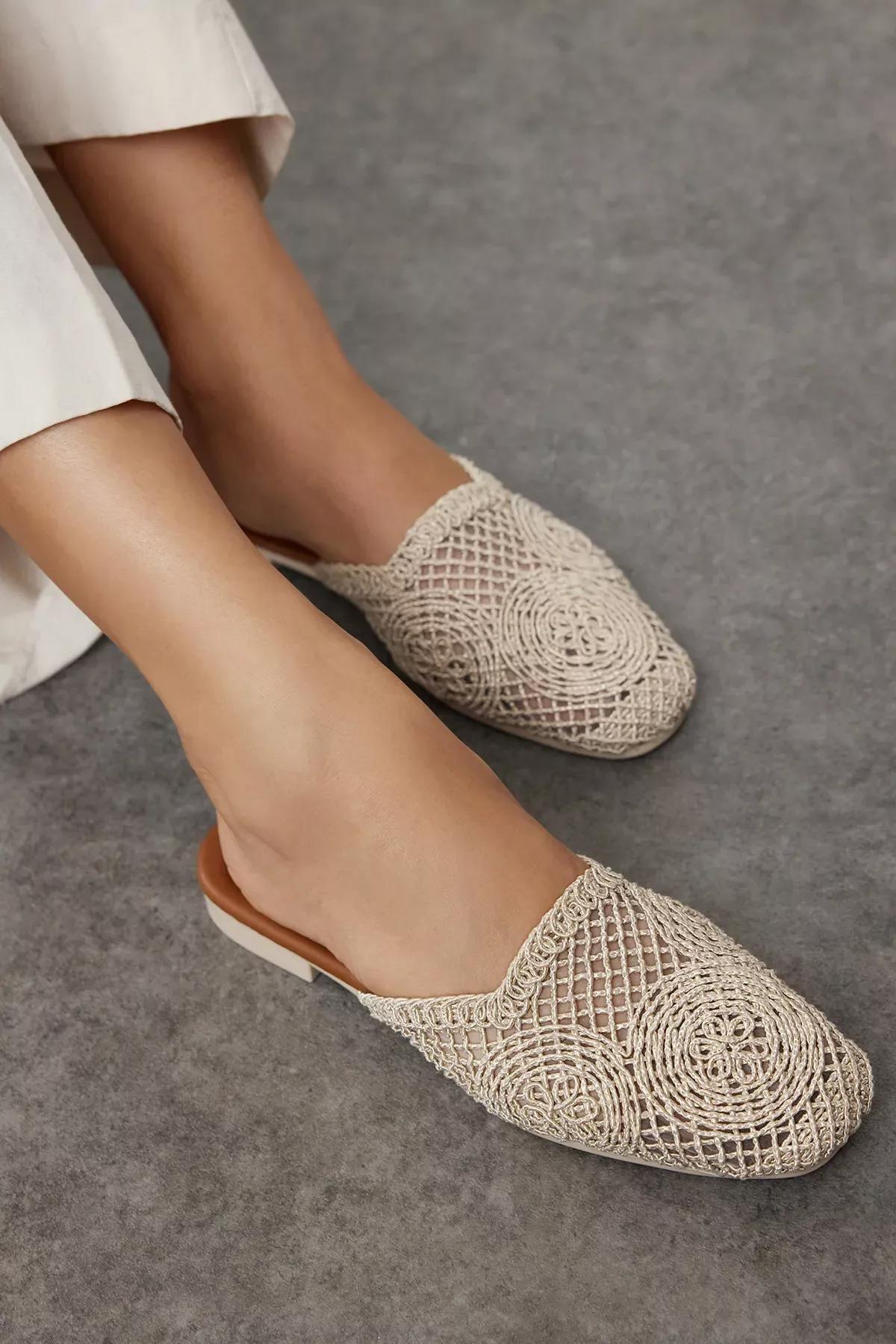 Beige Knit Detail Women’s Slippers, Beige, medium