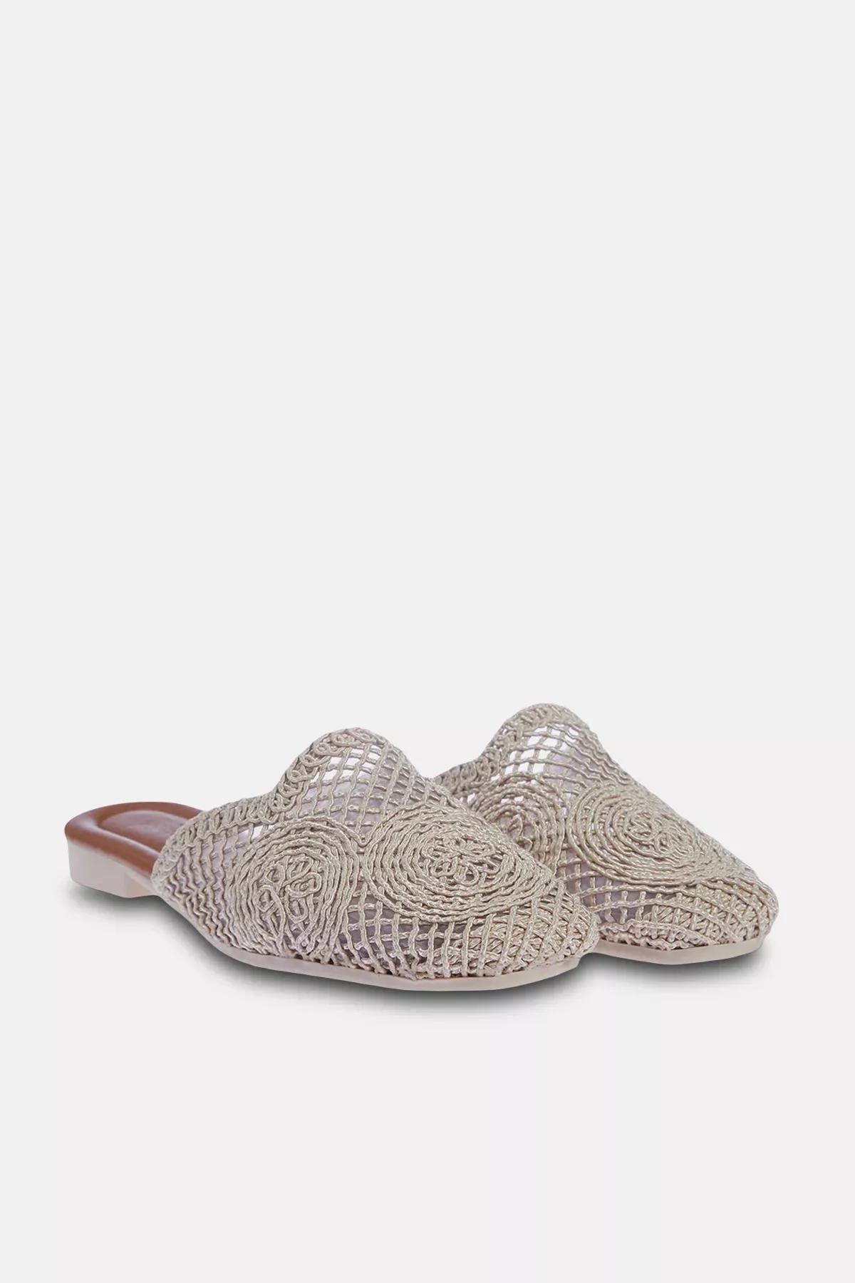 Beige Knit Detail Women’s Slippers, Beige, medium
